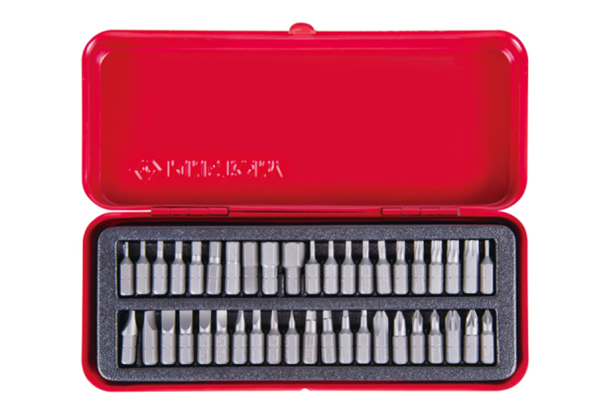 

ZESTAW BITÓW 1/4" 42cz. PŁASKIE 3 - 8mm, PH0 - PH3, PZ1 - PZ3, HEX 1,5 - 10mm, TORX T6 - T40, KWADRAT R0 - R3, KASETA King Tony