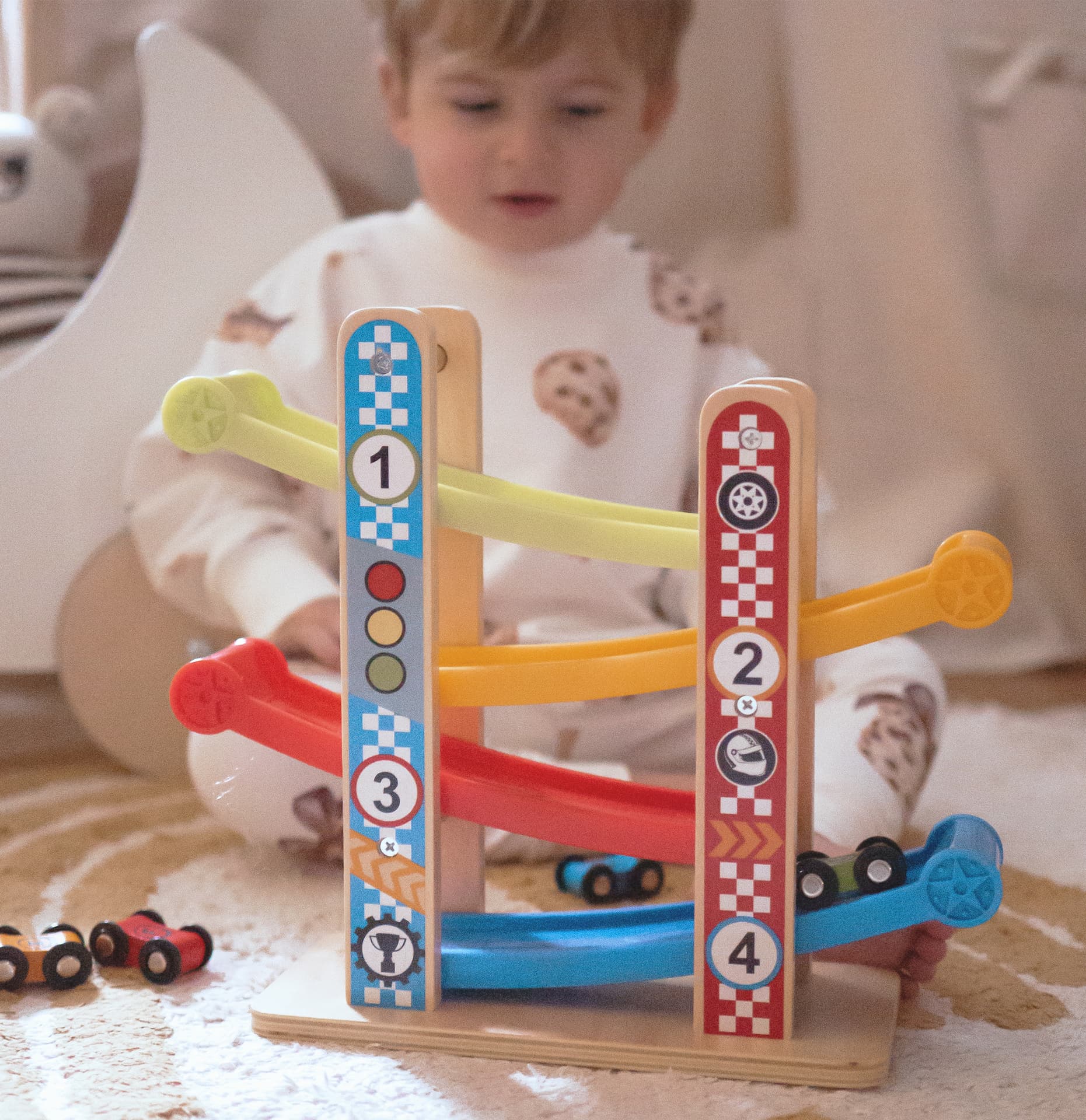 

TOOKY TOY Drewniany Tor Zjeżdżania dla Samochodzików + 4 Auta