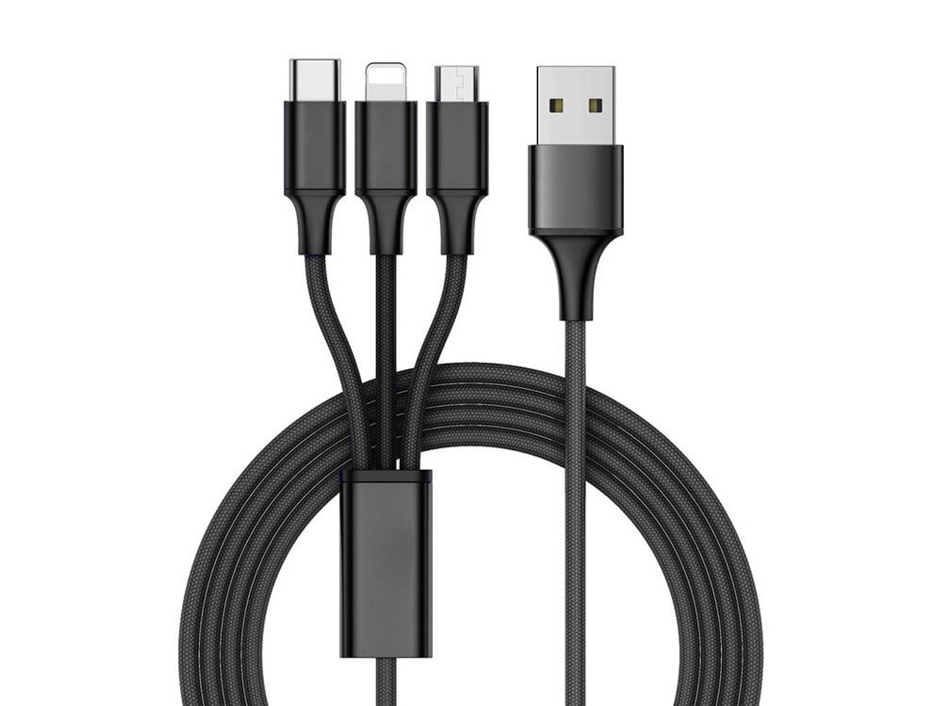 

Kabel 3w1 2.1A 1,2m USB - USB-C + micro USB + Lightning czarny