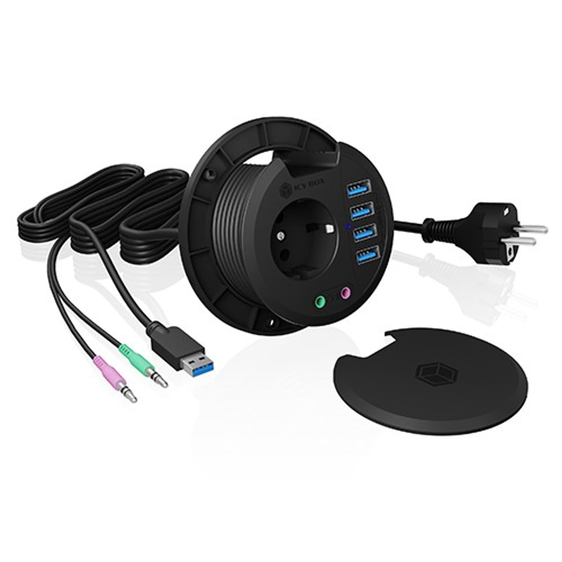 

ICYBOX Table Hub 4x USB 3.0 Type-A with Audio in-/output and Schuko Socket CEE 7/3 diameter 80 mm Black