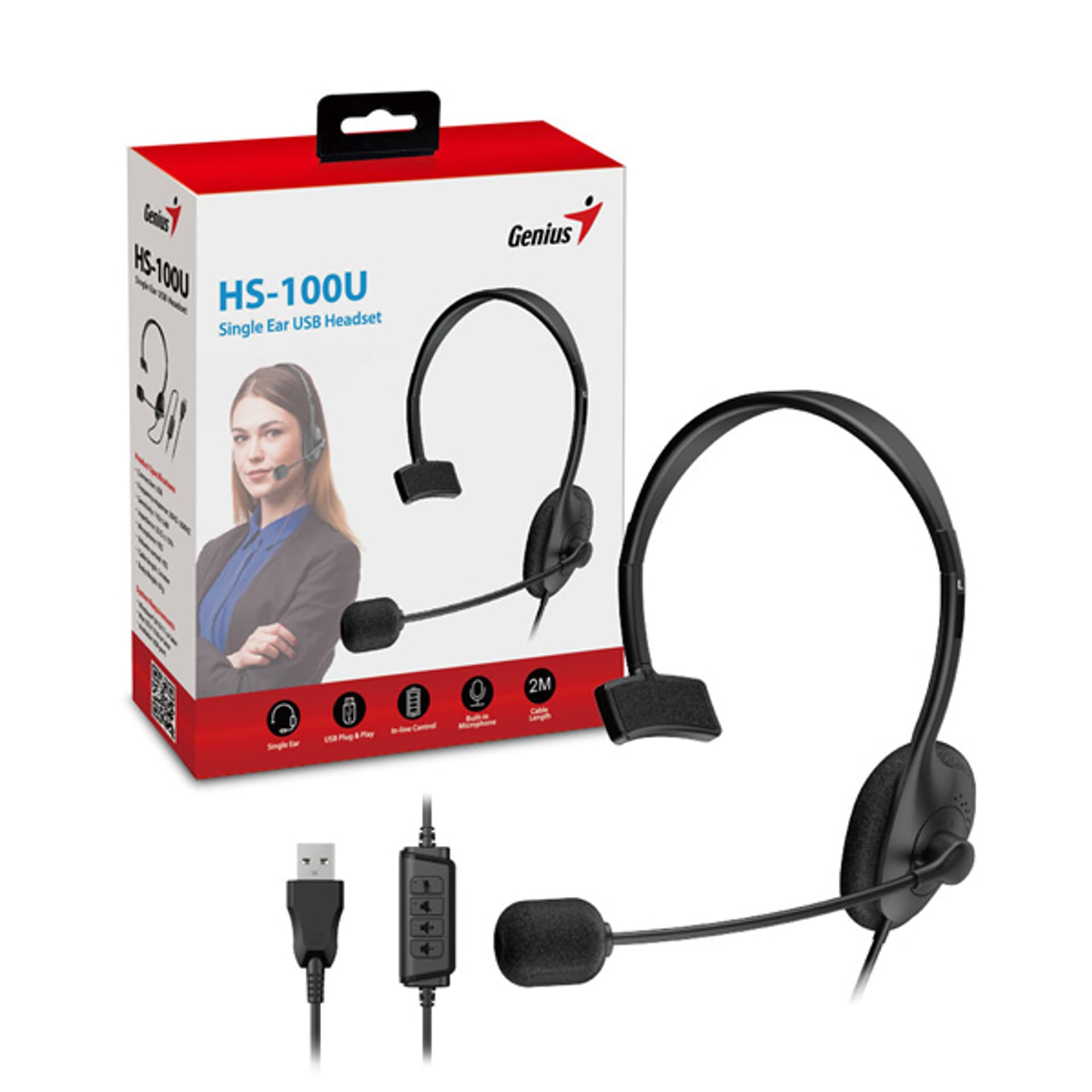 

Genius HS-100U, słuchawki z mikrofonem, regulacja głośności, czarna, 2.0, Na głowę, USB