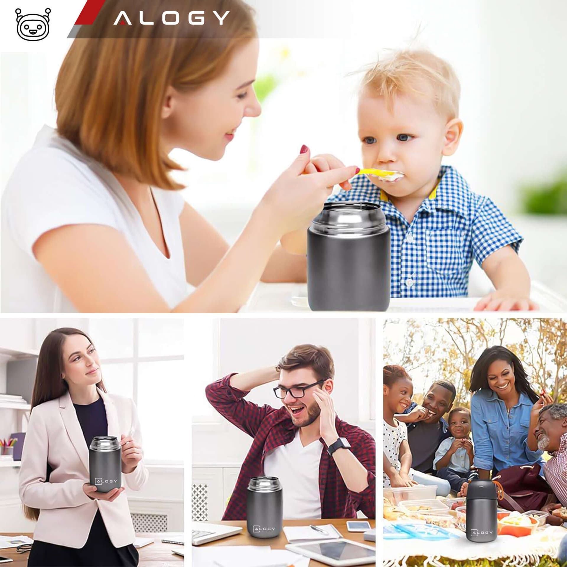 

Termos obiadowy na jedzenie zupe dla dzieci 700ml Alogy ze stali nierdzewnej + składana łyżeczka termiczny szary