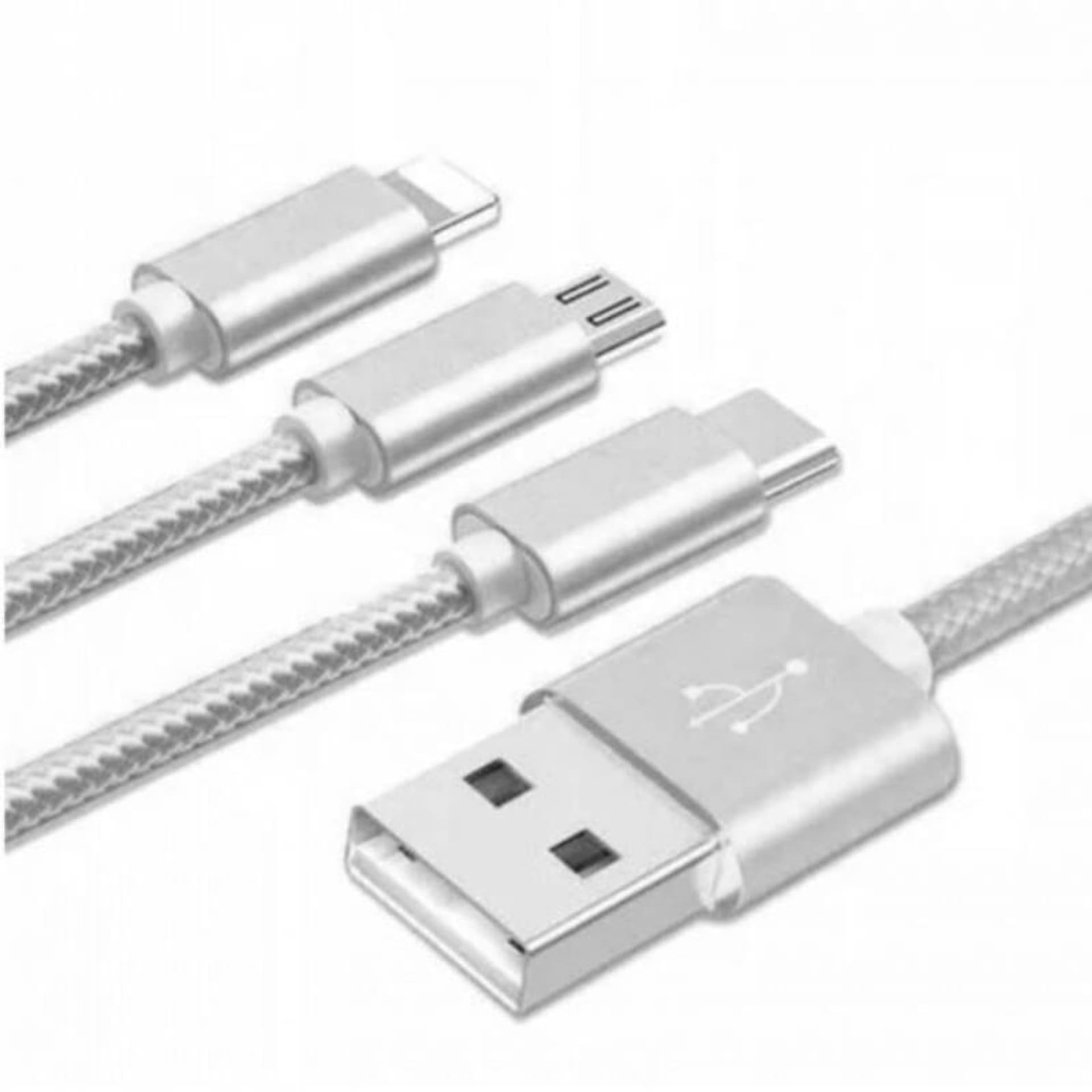 

Kabel 3w1 2.1A 1,2m USB - USB-C + micro USB + Lightning srebrny