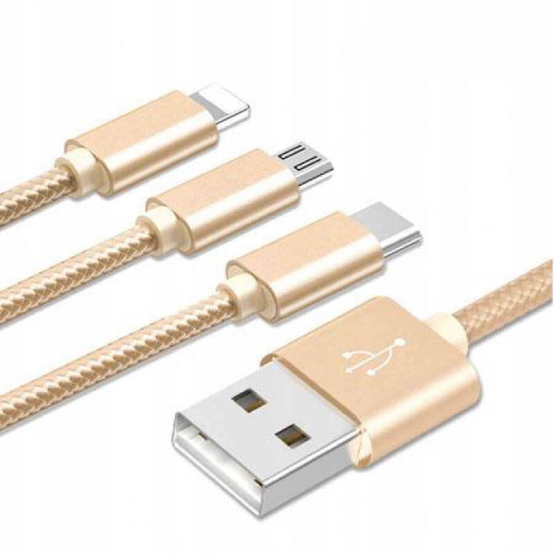 

Kabel 3w1 2.1A 1,2m USB - USB-C + micro USB + Lightning złoty