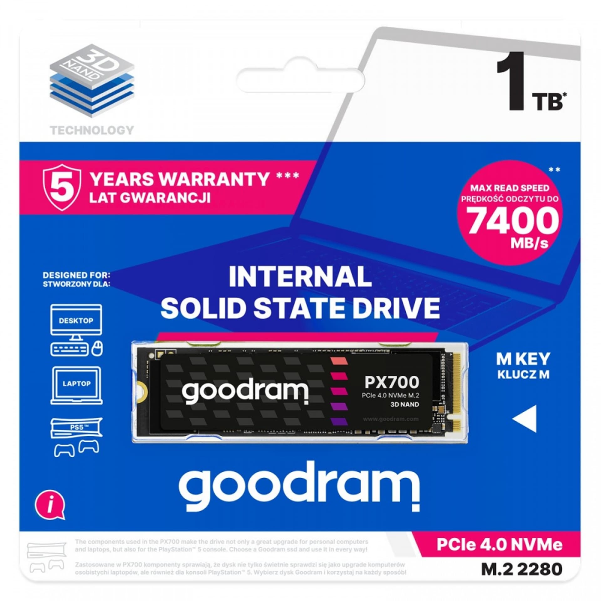 

Dysk SSD GOODRAM M.2 2280″ 1 TB PCI Express 7400MB/s 6500MS/s