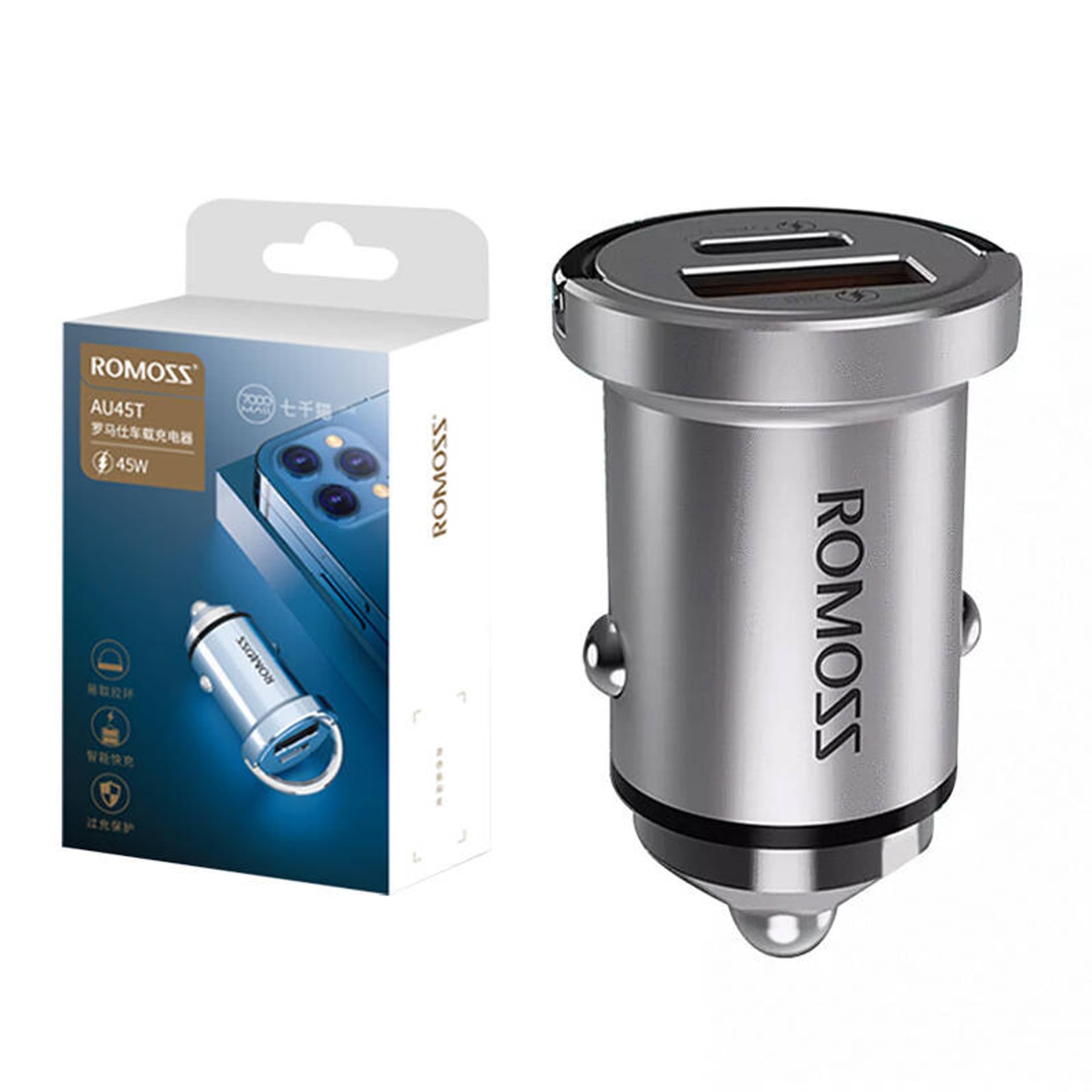 

Ładowarka samochodowa Romoss AU45T, USB + USB-C, PD + QC 45W (srebrna)