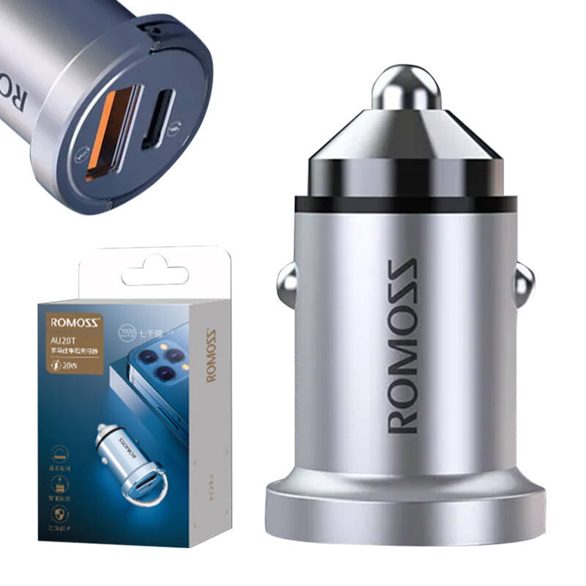 

Ładowarka samochodowa Romoss AU420T, USB-C + USB, PD + QC 20W (srebrna)