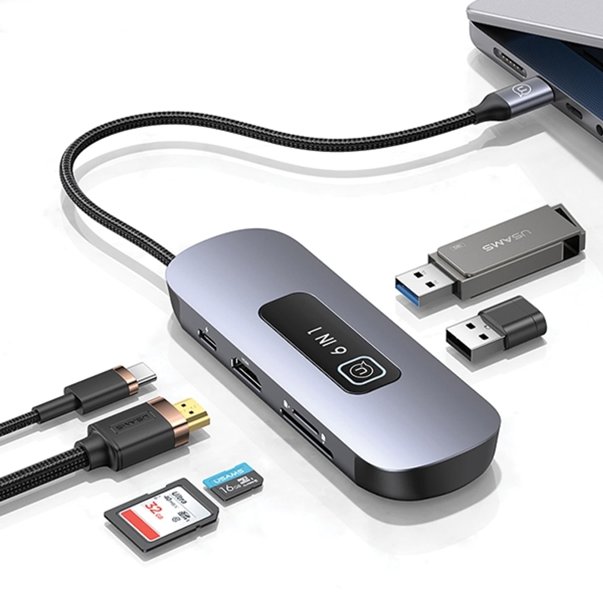 

USAMS Adapter HUB 6w1 2xUSB 3.0/TF/SD/ USB-C/HDMI PD100W szary/tarnish SJ642HUB01 (US-SJ642)