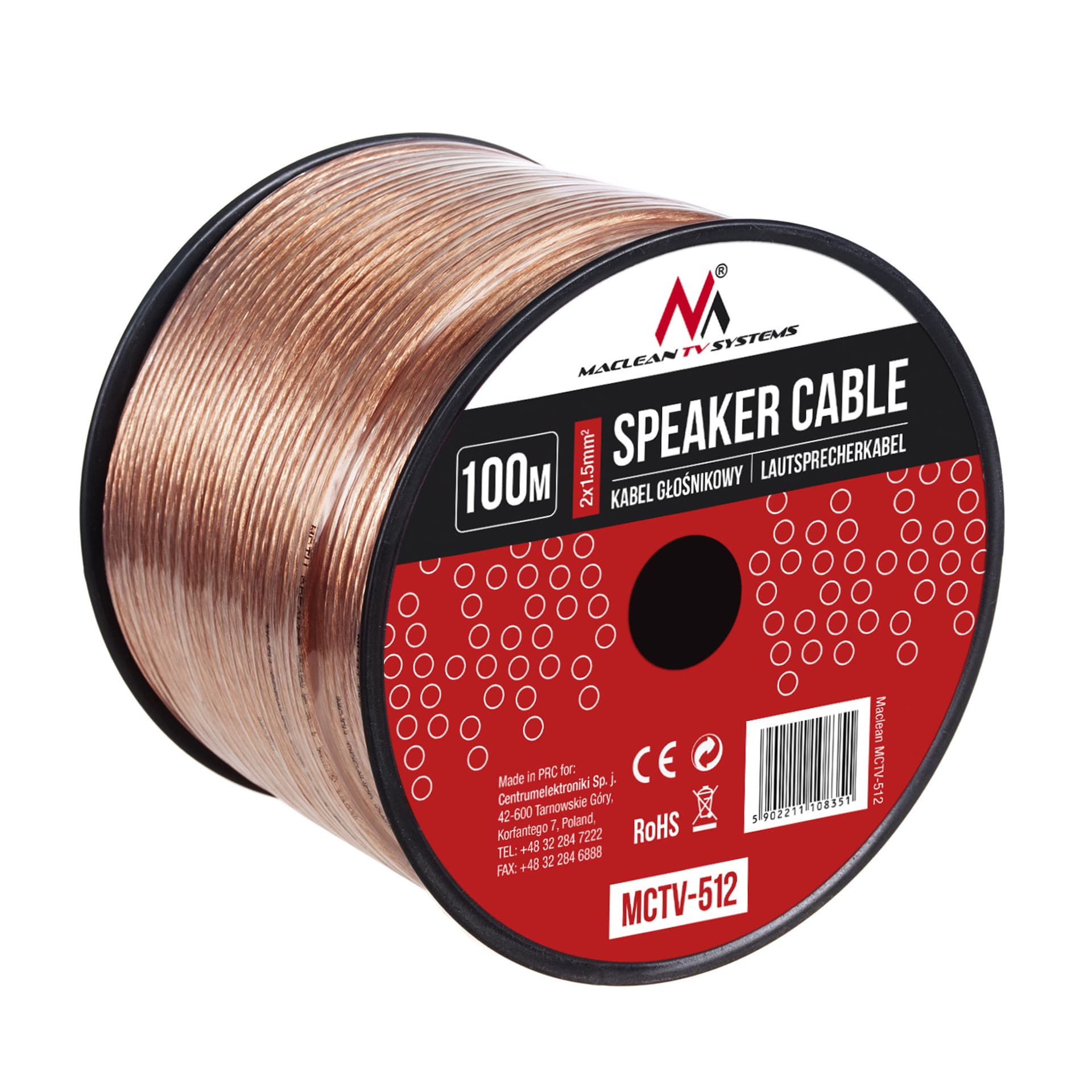 

Kabel głośnikowy transparent PVC Maclean, 2*1.5mm2 / 48*0.20 CCA 3,5*7,0mm, 100m, MCTV-512