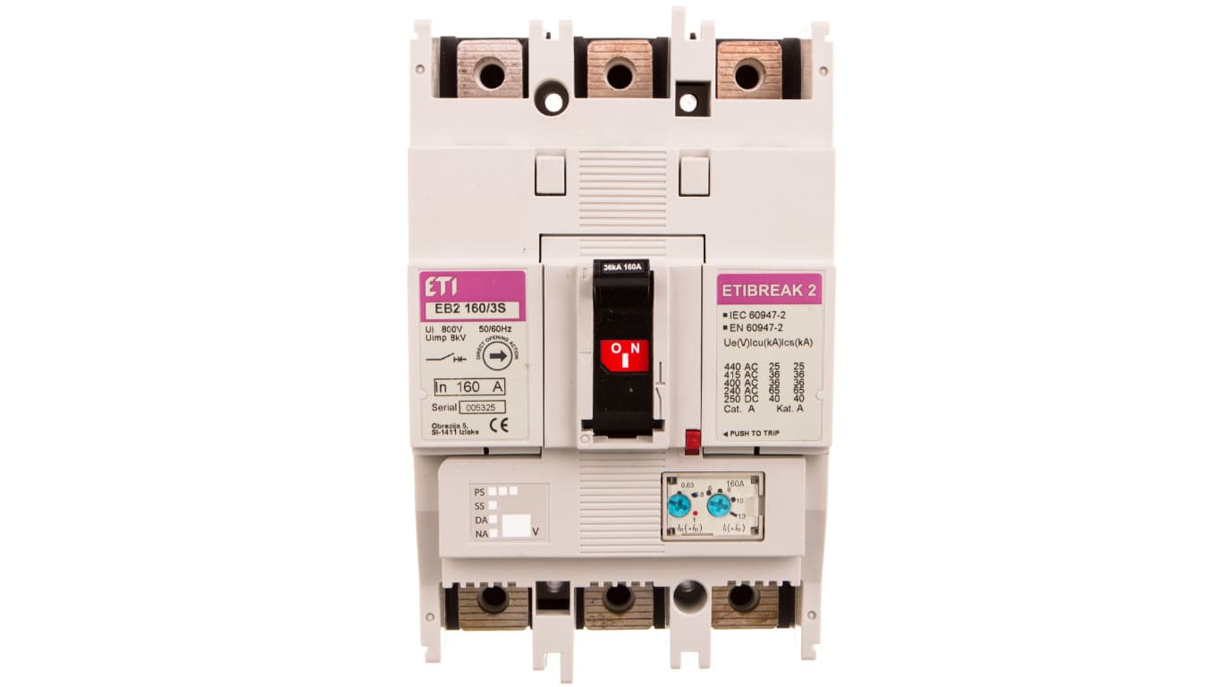 

Wyłącznik kompaktowy 3P 160A 36kA /wyzwalacz termo-magnetyczny/ EB2 160/3S 004671061