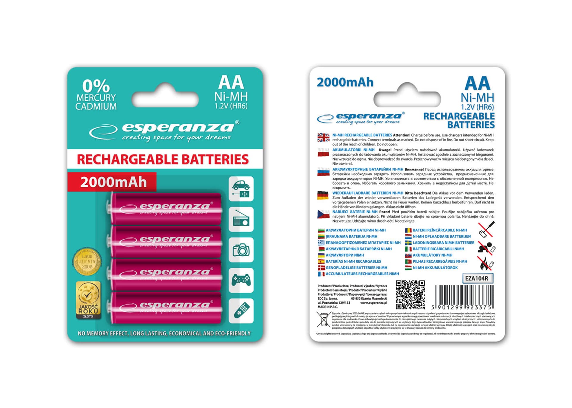 

EZA104R Akumulatorki Ni-Mh AA 2000mAh 4 sztuki czerwone Esperanza