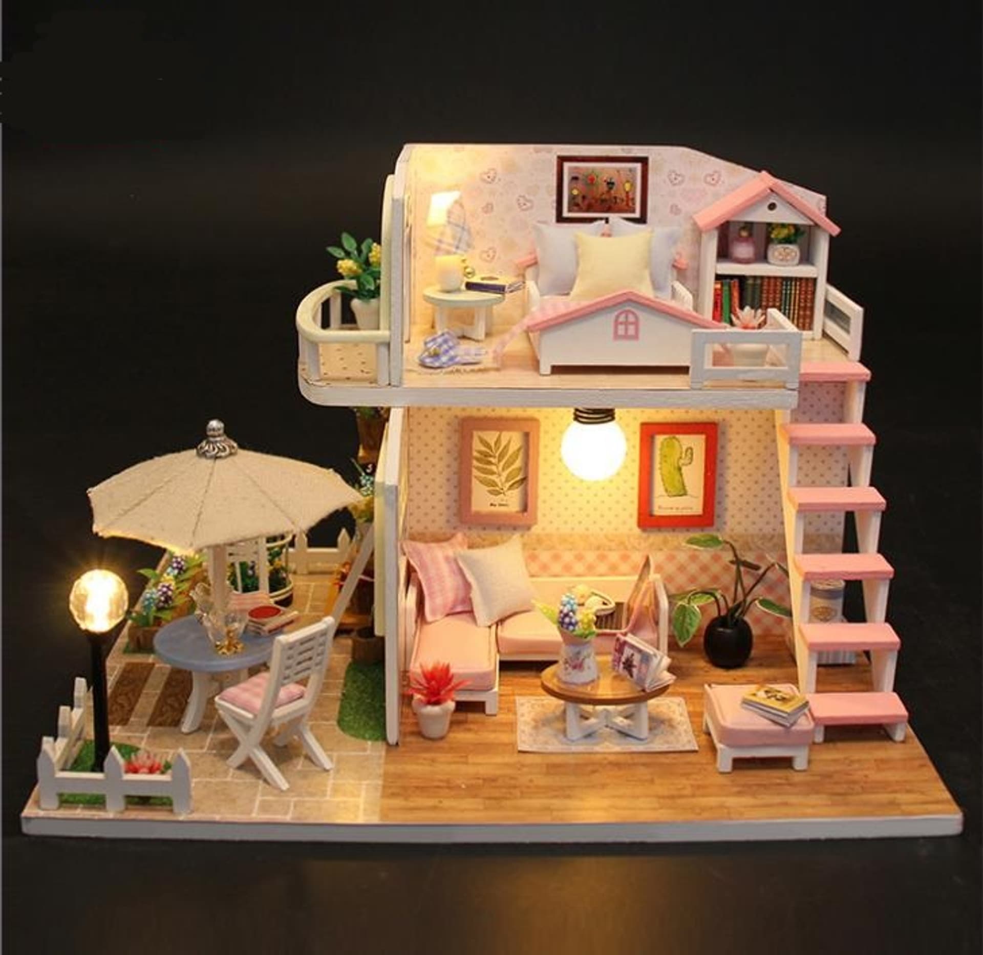 

Domek dla lalek piętrowy drewniany model do złożenia LED 19,5cm