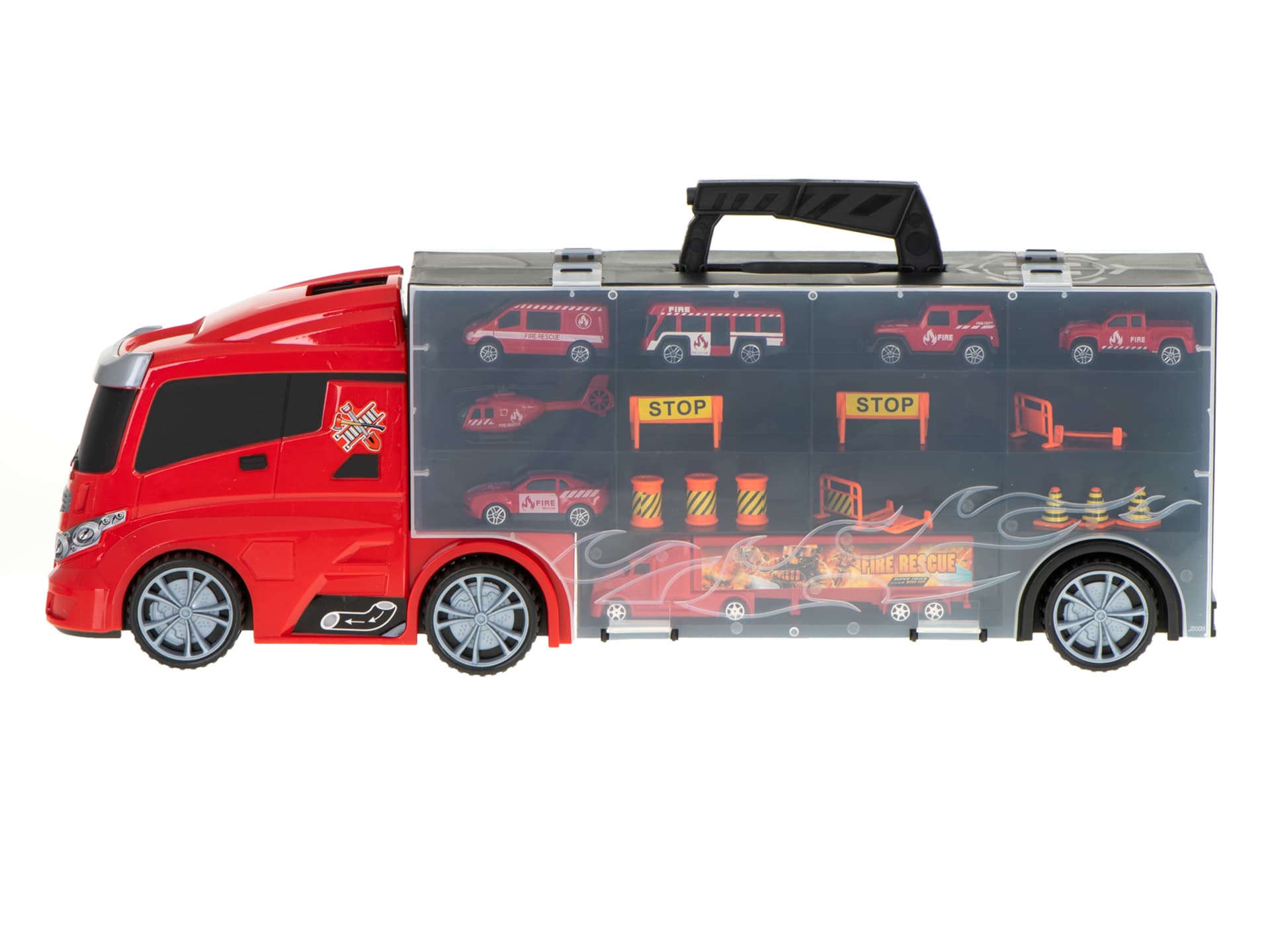 

Transporter ciężarówka TIR wyrzutnia w walizce + 7 aut straż pożarna 57cm
