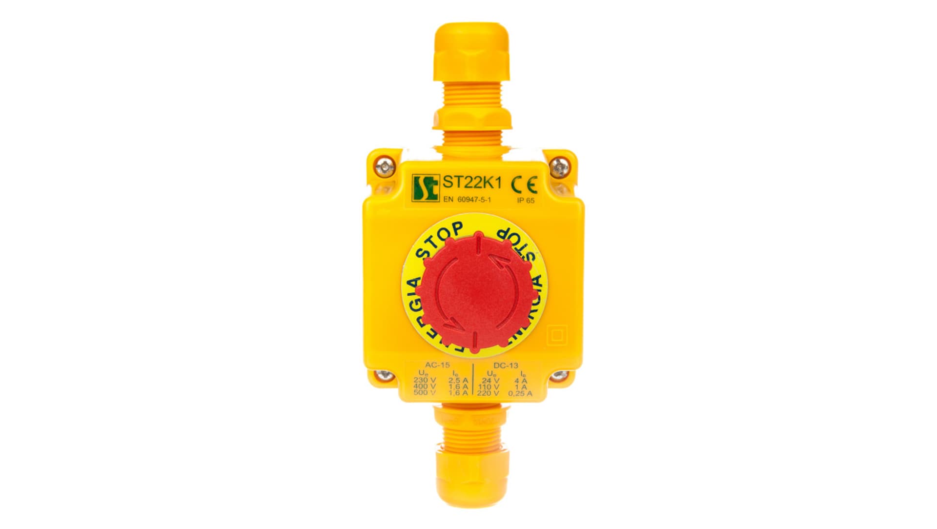 

Kaseta z przyciskiem bezpieczeństwa przez obrót 1R IP65 żółta 2x dławnica M20 ST22K105-2