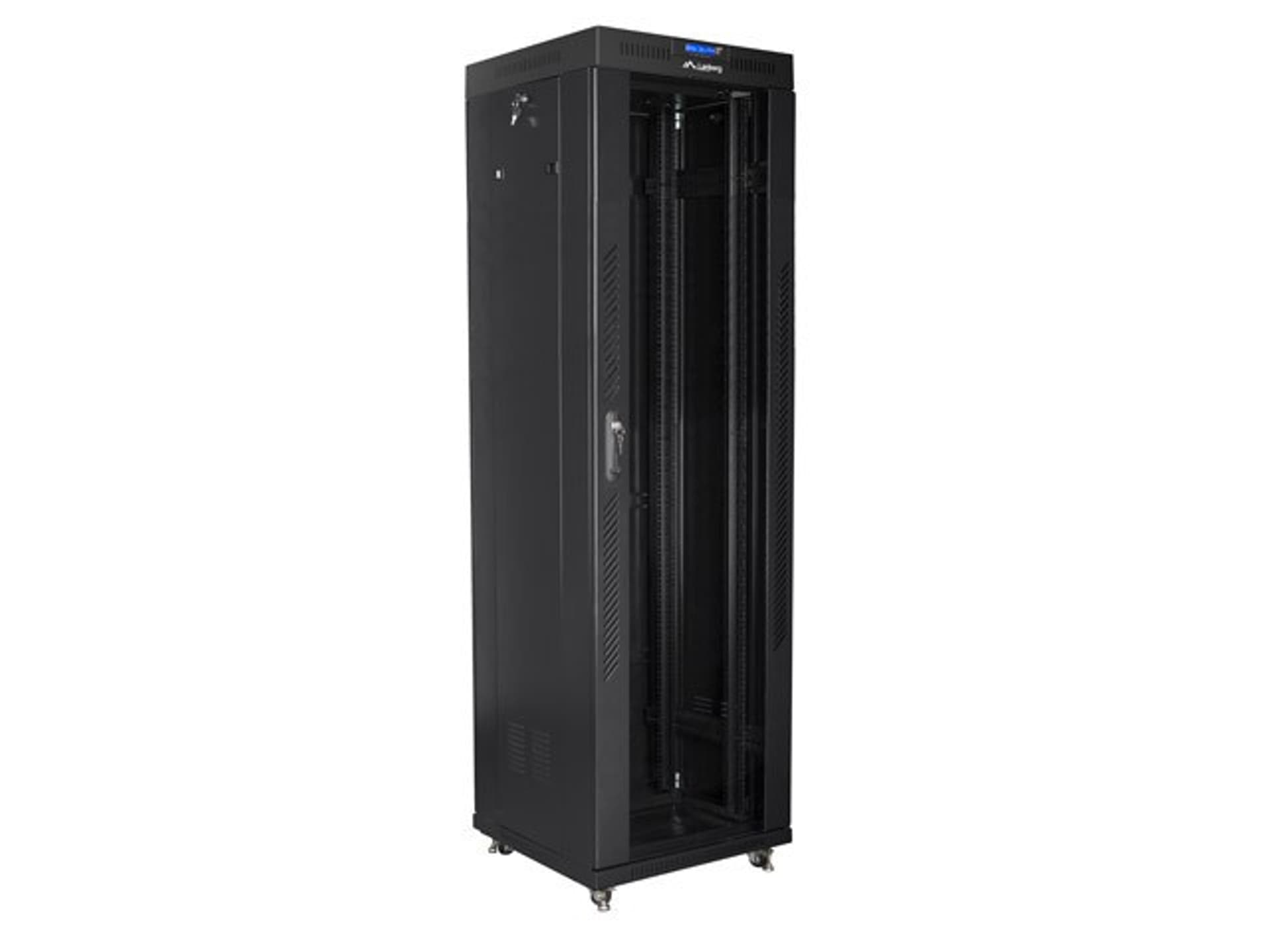 

Szafa instalacyjna rack stojąca 19 42u 600x600 czarna, drzwi szklane lcd (Flat pack)