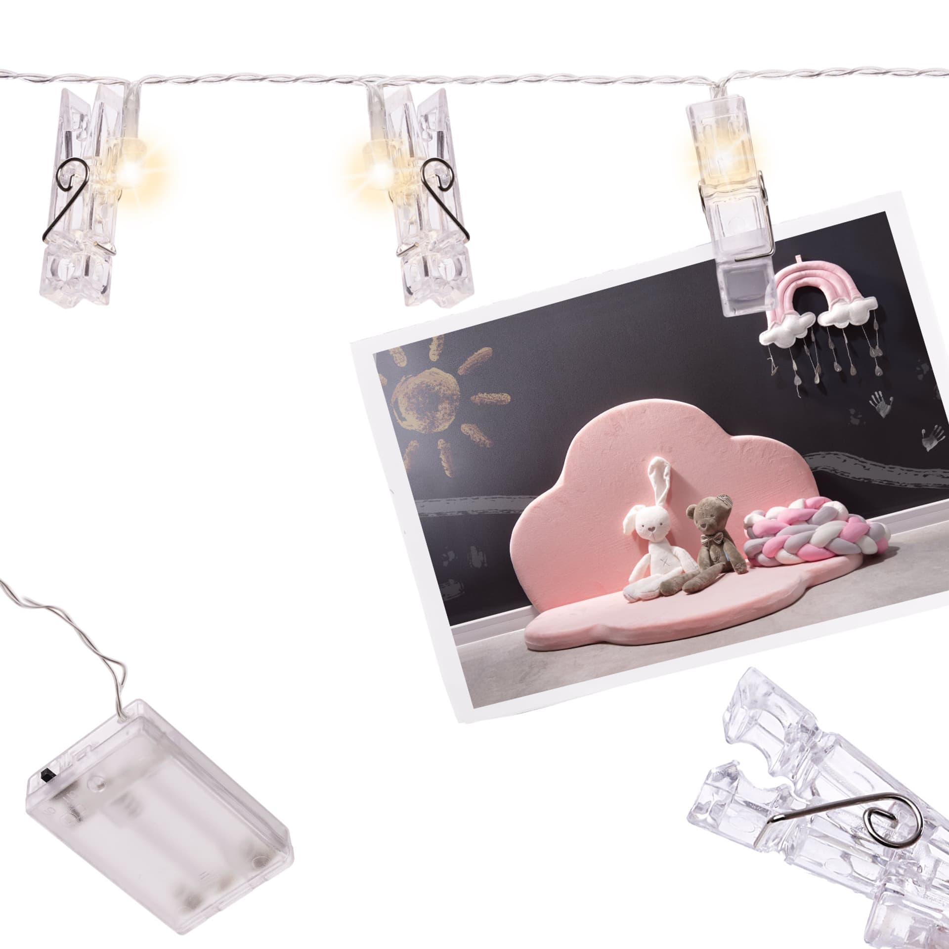

Lampki LED klamerki klipsy spinacze na zdjęcia 3m 20LED ciepły biały na baterie