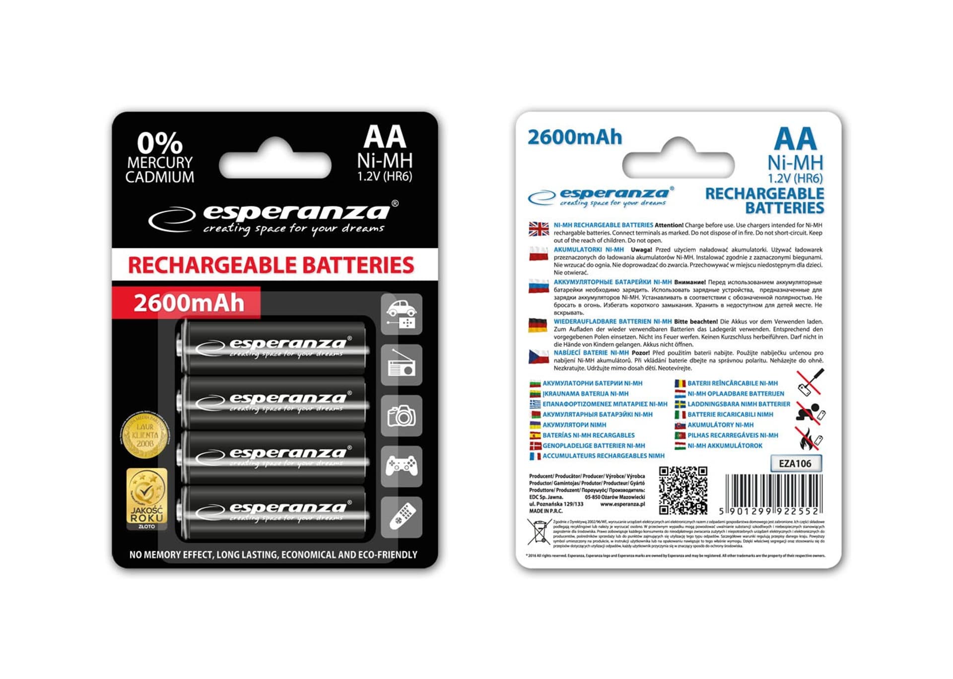

EZA106 Esperanza akumulatorki ni-mh aa high-capacity 2600mah 4szt czarne