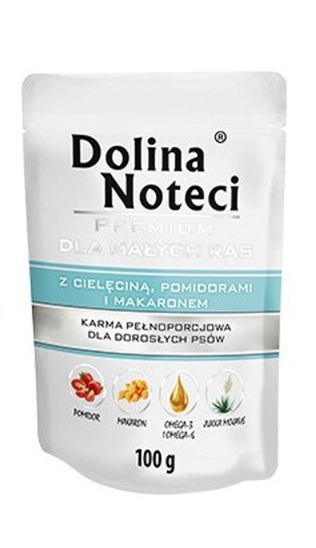 

DOLINA NOTECI MAŁE RASY Z CIELECINA, POMIDOREM I MAKARONEM 100g