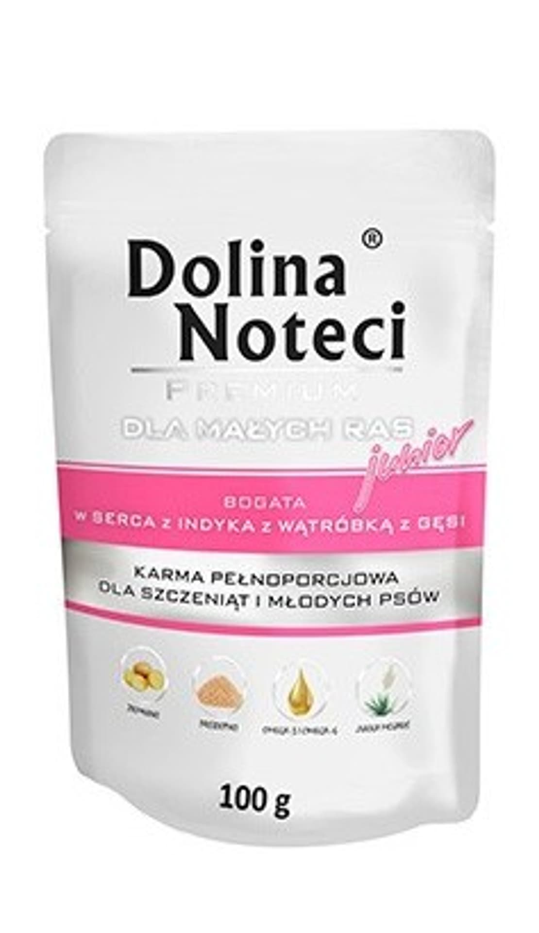 

DOLINA NOTECI JUNIOR MAŁE RASY BOGATA W SERCA Z INDYKA I Z WĄTROBKA Z GĘSINY 100g