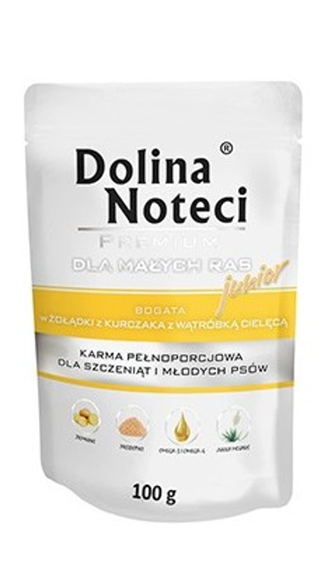 

DOLINA NOTECI JUNIOR MAŁE RASY BOGATA W ŻOŁADKI Z KURCZAKA I Z WĄTROBKI CIELĘCE 100g