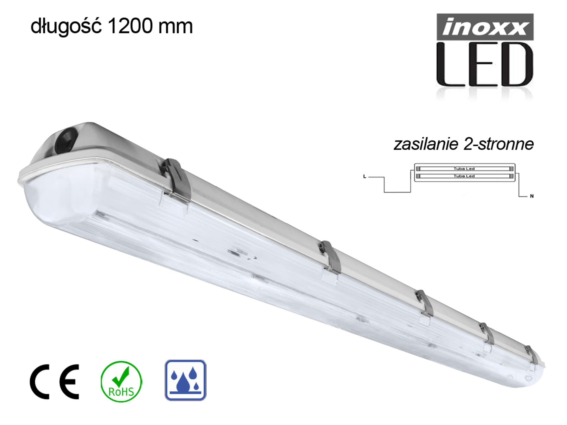 

OPRAWA HERMETYCZNA PRZEMYSŁOWA IP65 LED 2x120cm T8 G13 DWUSTRONNIE ZASILANA