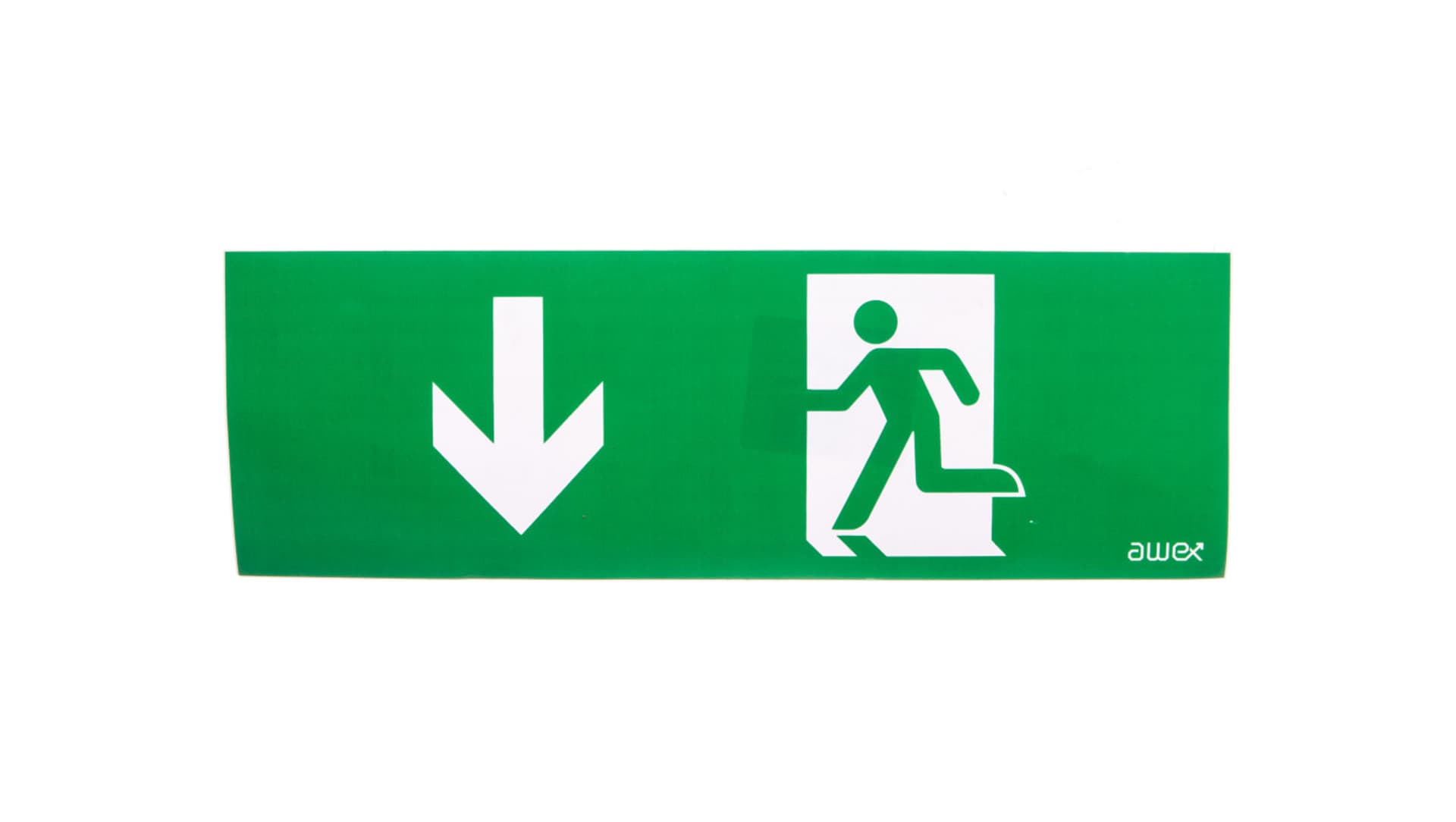 

Piktogram 100x300 PM26 strzałka dół człowiek w drzwiach logo awex (ISO7010)