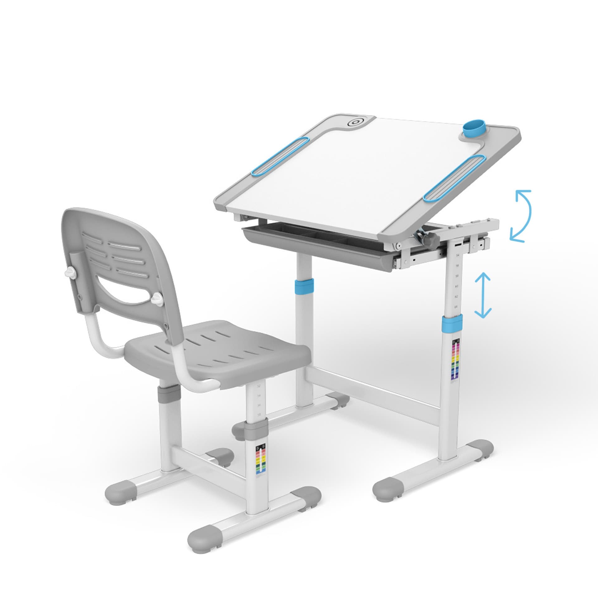 

Ergonomiczne biurko dla dzieci z ręczną regulacją wysokości oraz krzesłem Ergo Office, niebieskie, max 75kg, ER-418