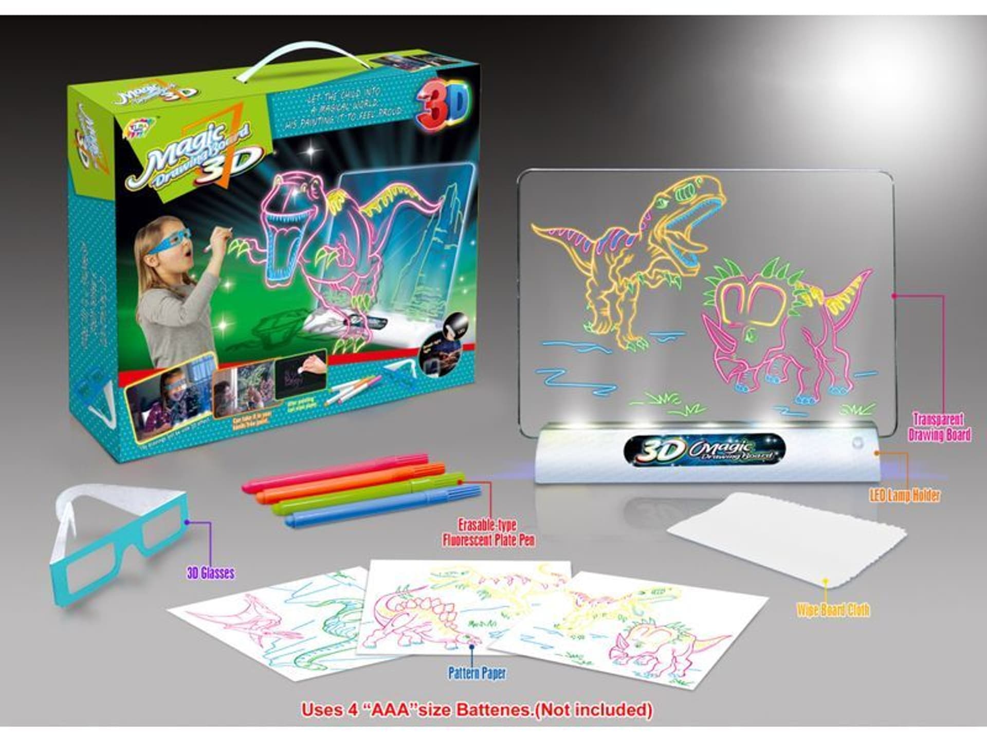 

Magiczna, Podświetlana Tablica Do Malowania + Okulary 3D DINOZAURY