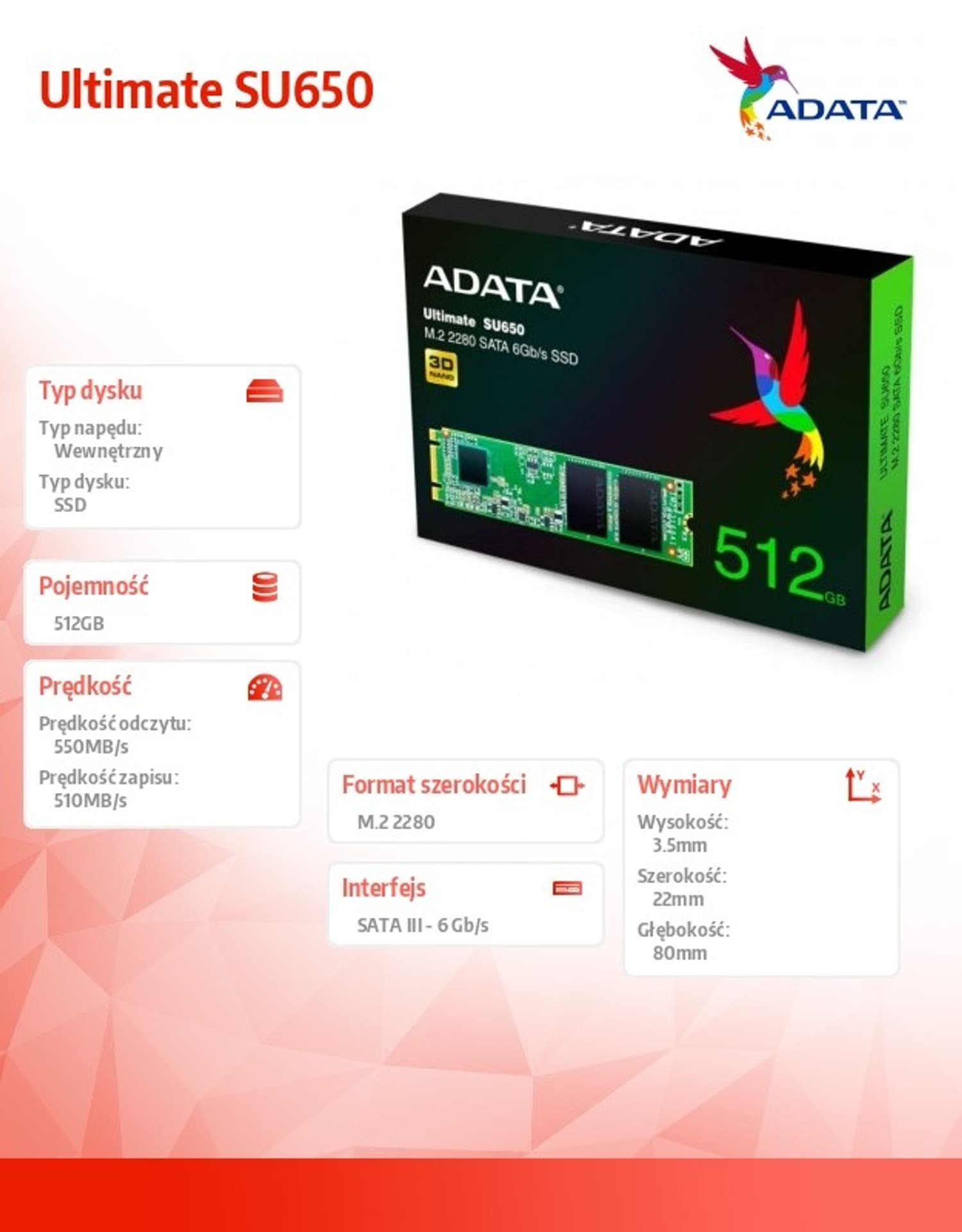 

Dysk SSD Ultimate SU650 512G M.2 TLC 3D 2280 SATA