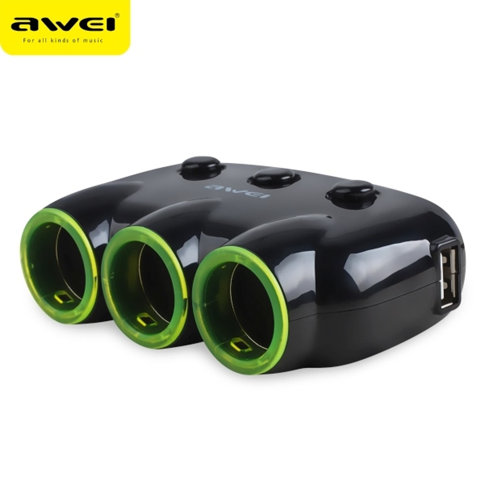 

AWEI rozgałęźnik samochodowy C-35 3 gniazda zapalniczki 12V + 2 USB, rozdzielacz czarny/black