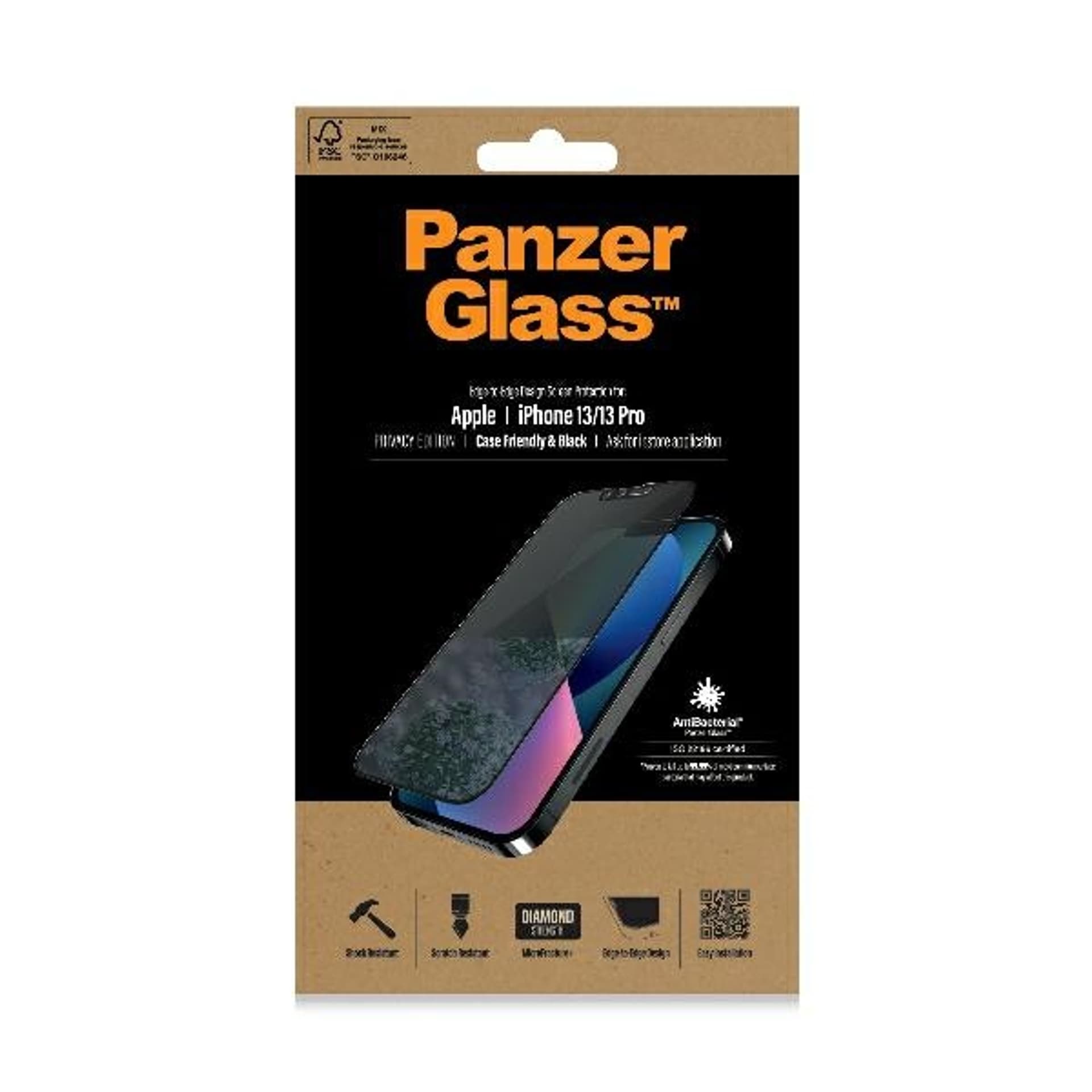 

PanzerGlass E2E Privacy iPhone 13/13 Pro 6,1" Case Friendly Microfracture AntiBacterial czarny/black ProP2745