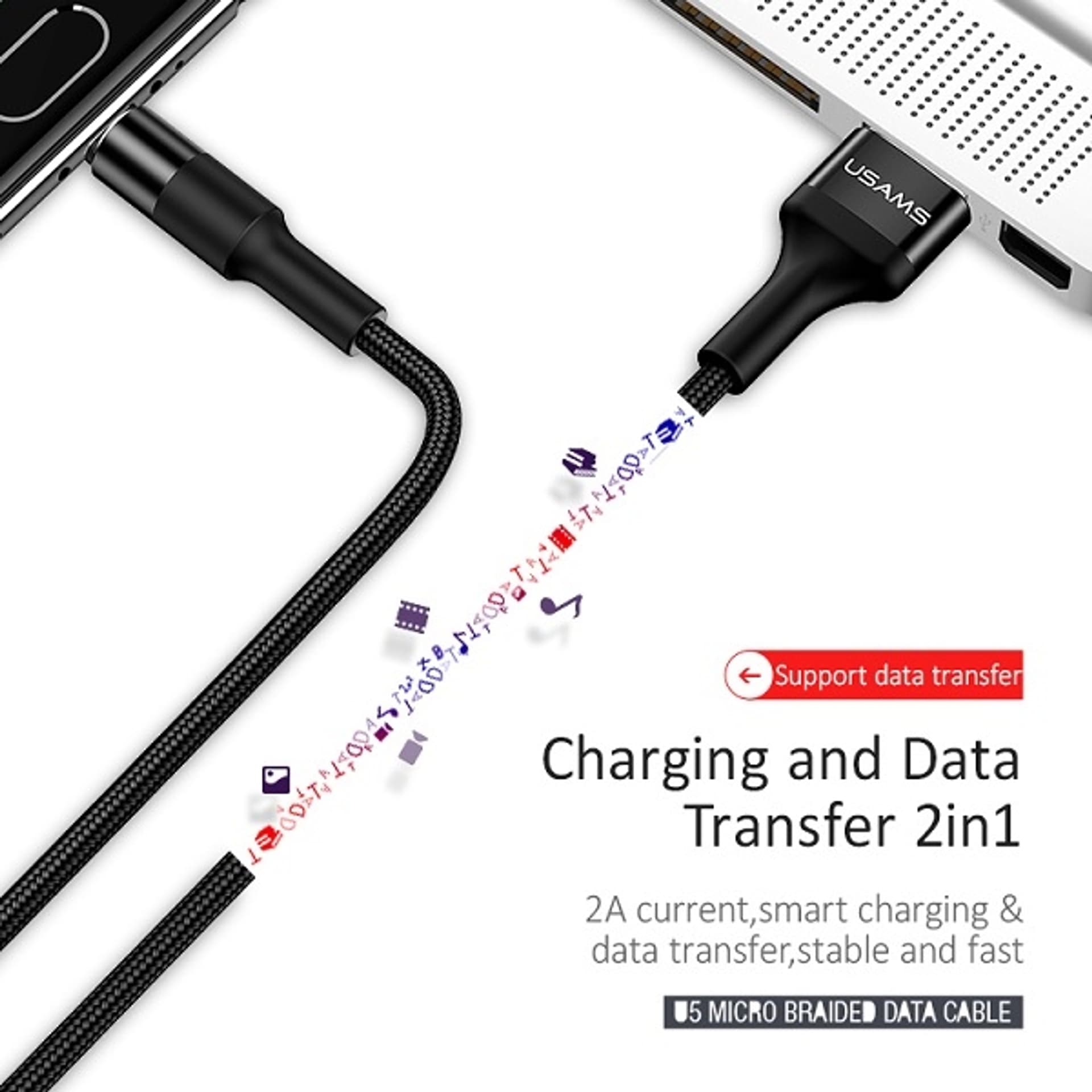 

USAMS Kabel pleciony U5 2A micro USB czarny/black 1,2m SJ224USB01 (US-SJ224)