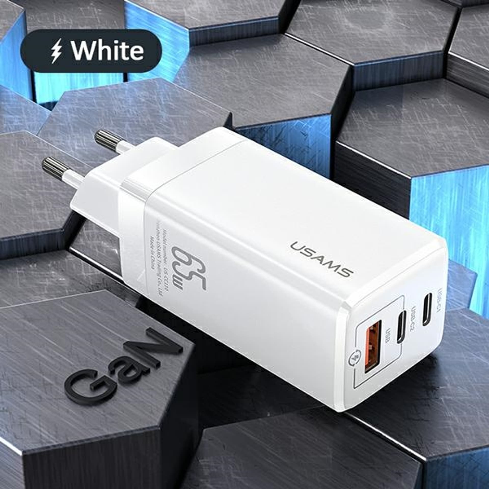

USAMS Ład. siec. MT 2xUSB-C+USB GaN 65W T33 PD (only head) Fast Charging biały/white CC110TC02 (US-CC110)