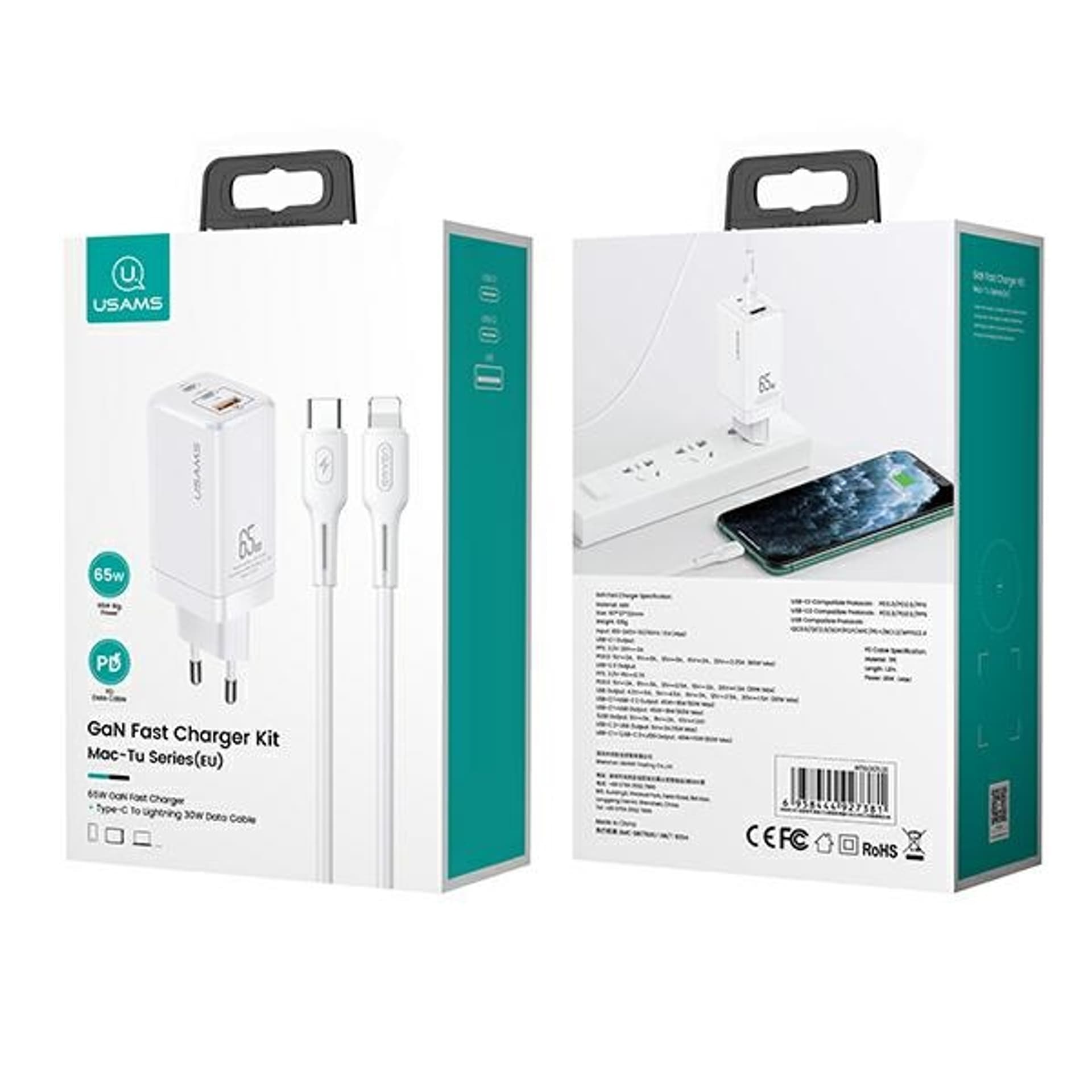 

USAMS Ład. siec. MT 2xUSB-C+USB GaN 65W T33 PD + kabel USB-C-Lightning 30W Fast Charging biały/white MTXLOGTL02