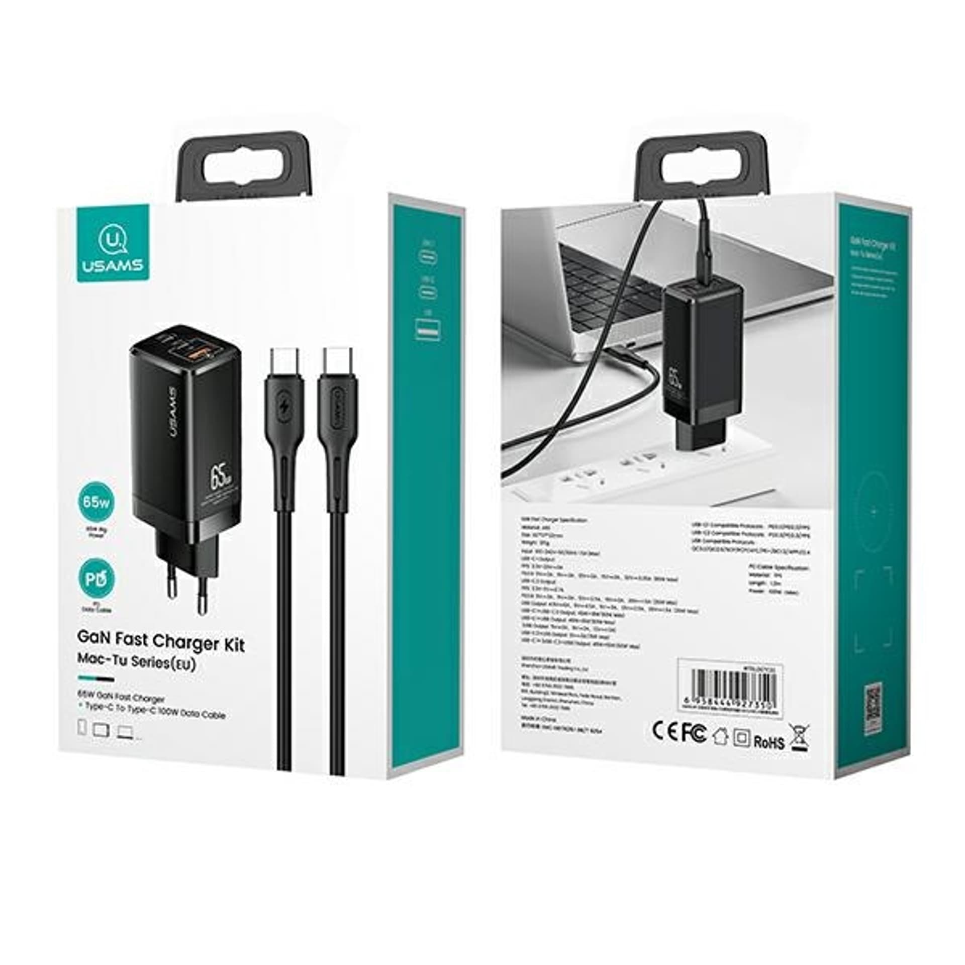 

USAMS Ład. siec. MT 2xUSB-C+USB GaN 65W T33 PD + kabel USB-C-USB-C 100W Fast Charging czarny/black MTXLOGTC01