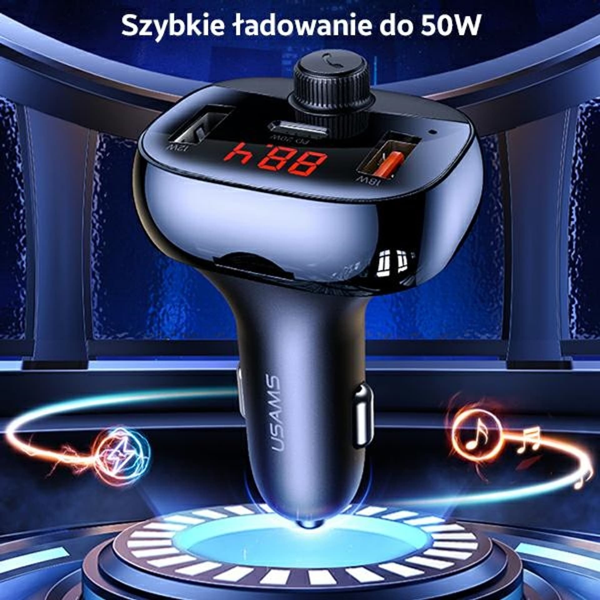 

USAMS Zestaw głośnomówiący C25 50W z transmiterem FM, Bluetooth, MP3, 2xUSB / USB-C czarny/black CC143TC01 (US-CC143)