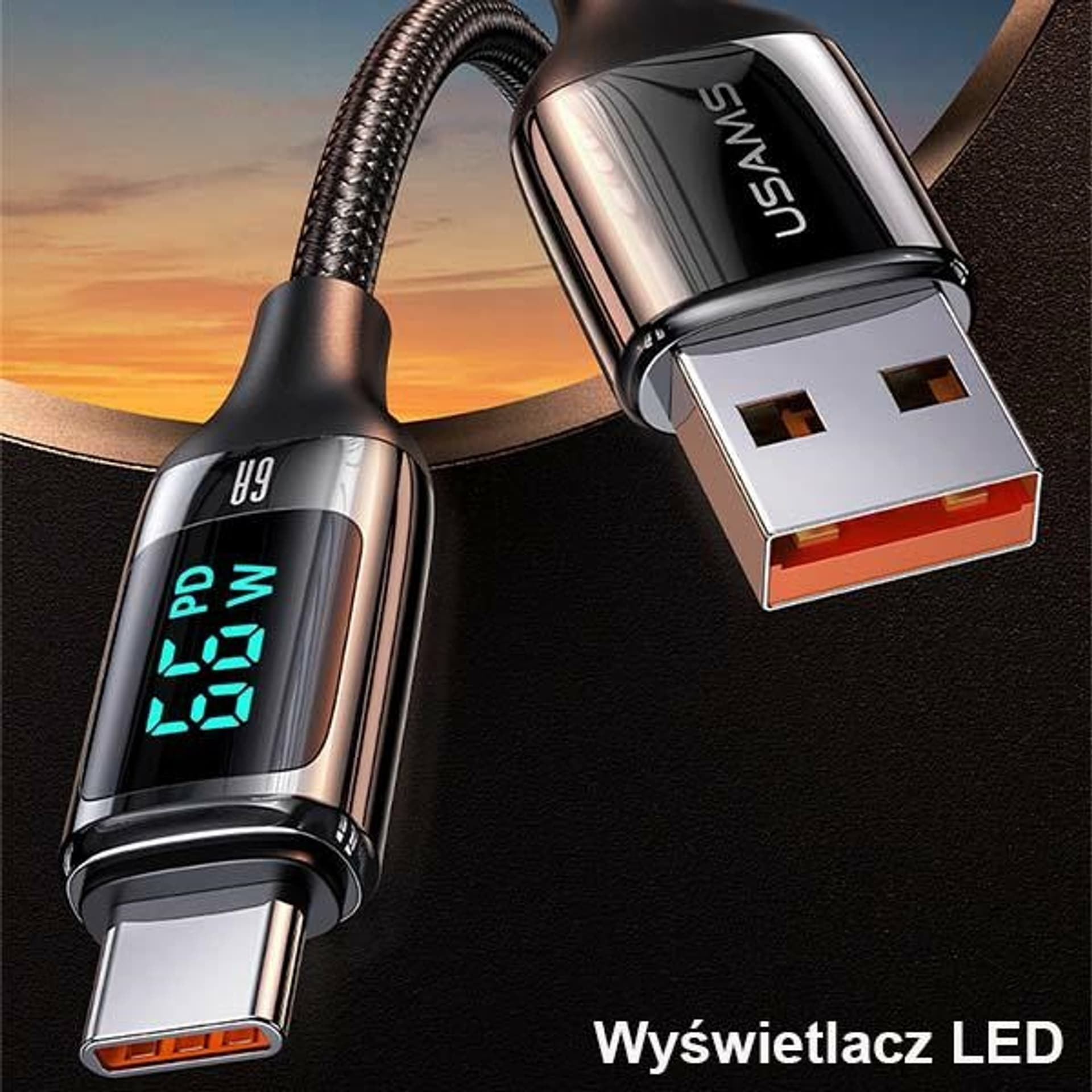 

USAMS Kabel pleciony U78 USB-C 1.2m LED 6A Fast Charging biały/white SJ544USB02 (US-SJ544)