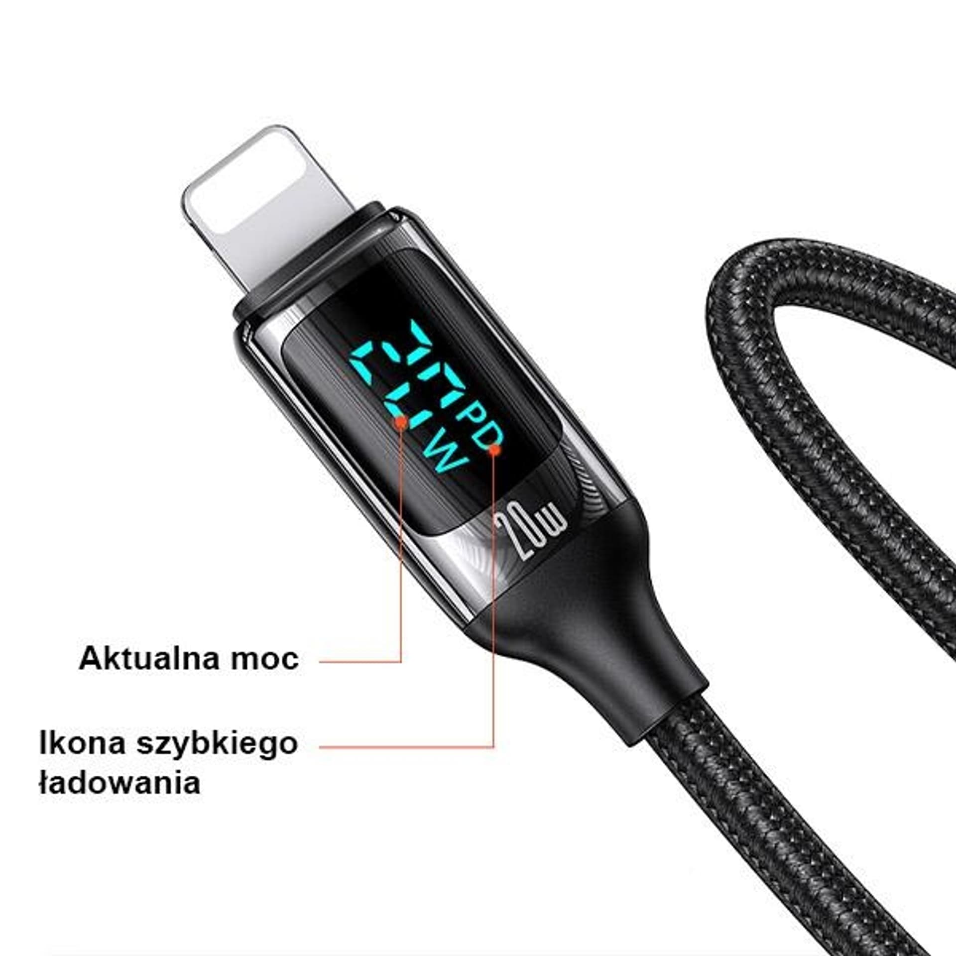 

USAMS Kabel pleciony U78 USB-C na Lightning LED 1.2m 20W PD Fast Charge czarny/black SJ545USB01 (US-SJ545)