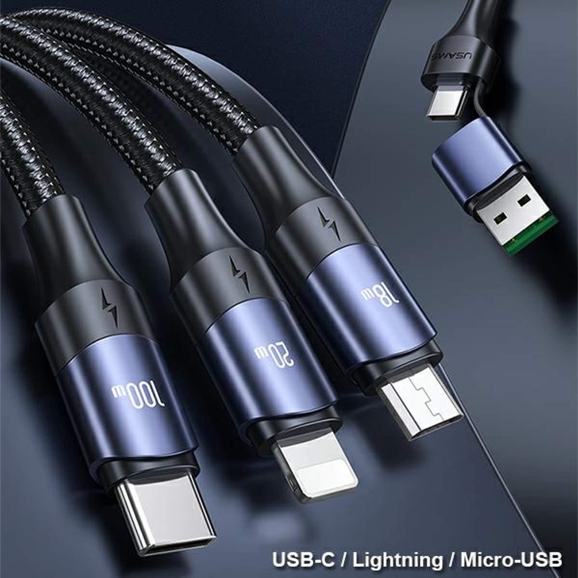 

USAMS Kabel U71 3w1 1.2m 6A Fast Charge czarny/black (USB/USB-C na lightning/microUSB/USB-C) SJ511USB01 (US-SJ511)