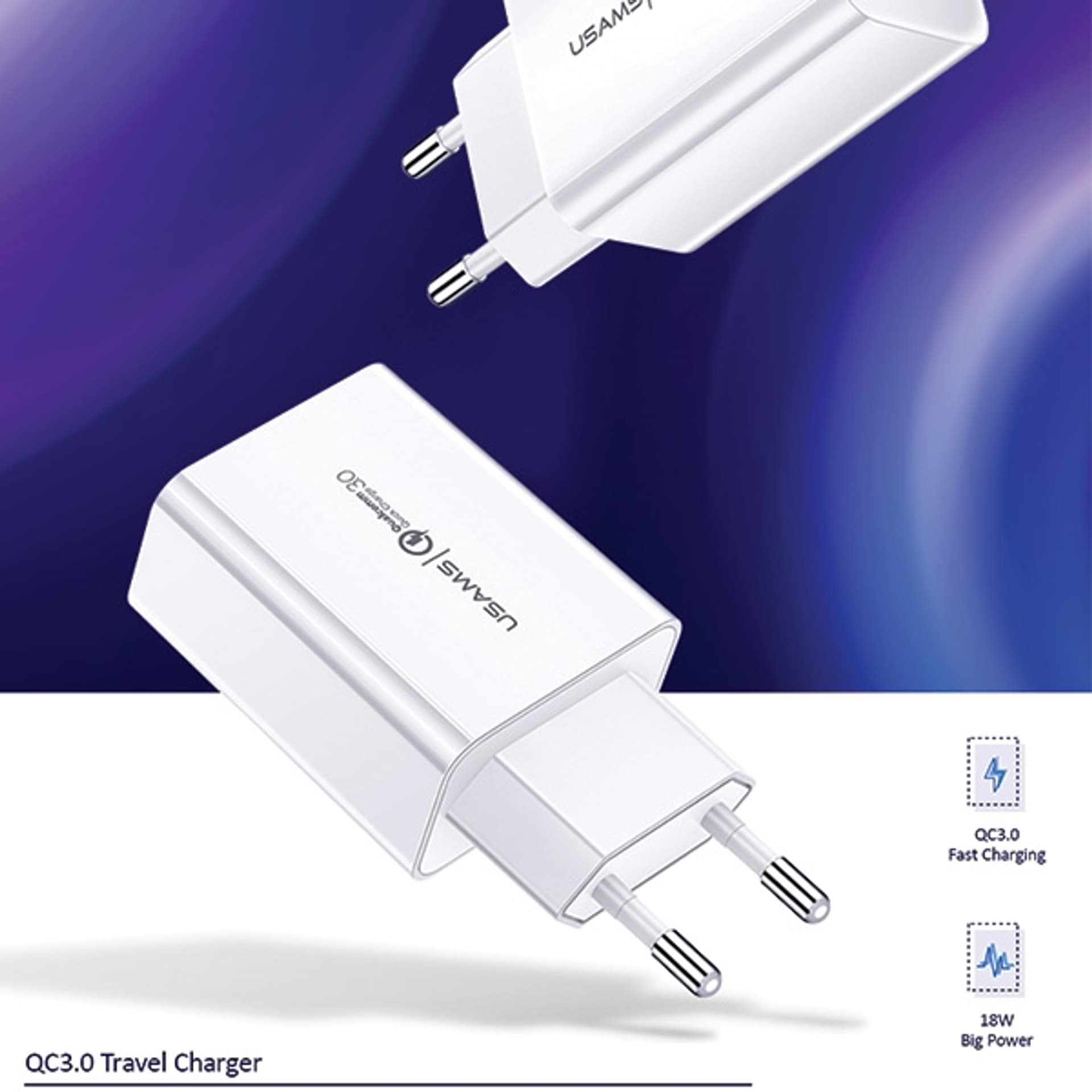 

USAMS Ład. siec. 1xUSB T22 18W 3A QC3.0 (only head) Fast Charging biały/white CC83TC01 (US-CC083)
