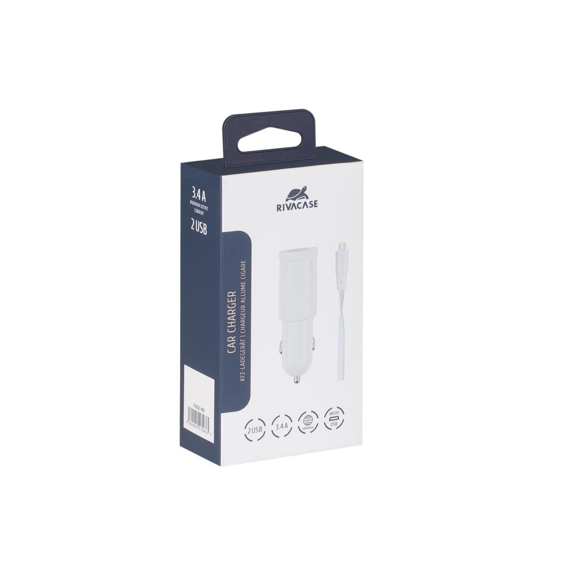 

Rivacase Ładowarka Samochodowa + MicroUSB 3,4A / 2xUSB biała