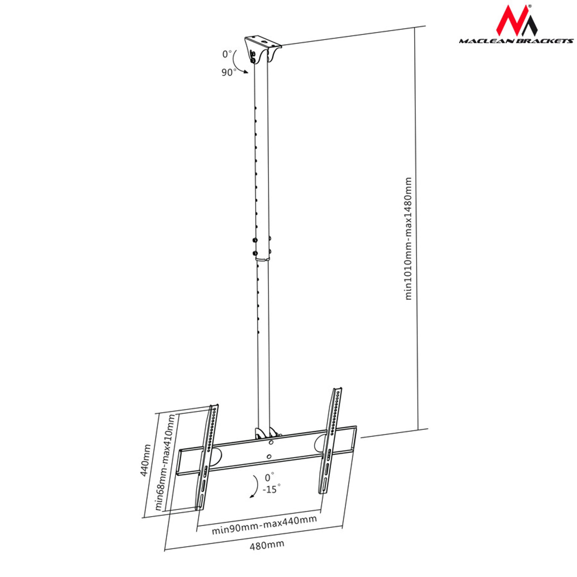 

Uchwyt sufitowy do telewizora Maclean, max VESA 400x400, 32-55", 50kg, MC-631