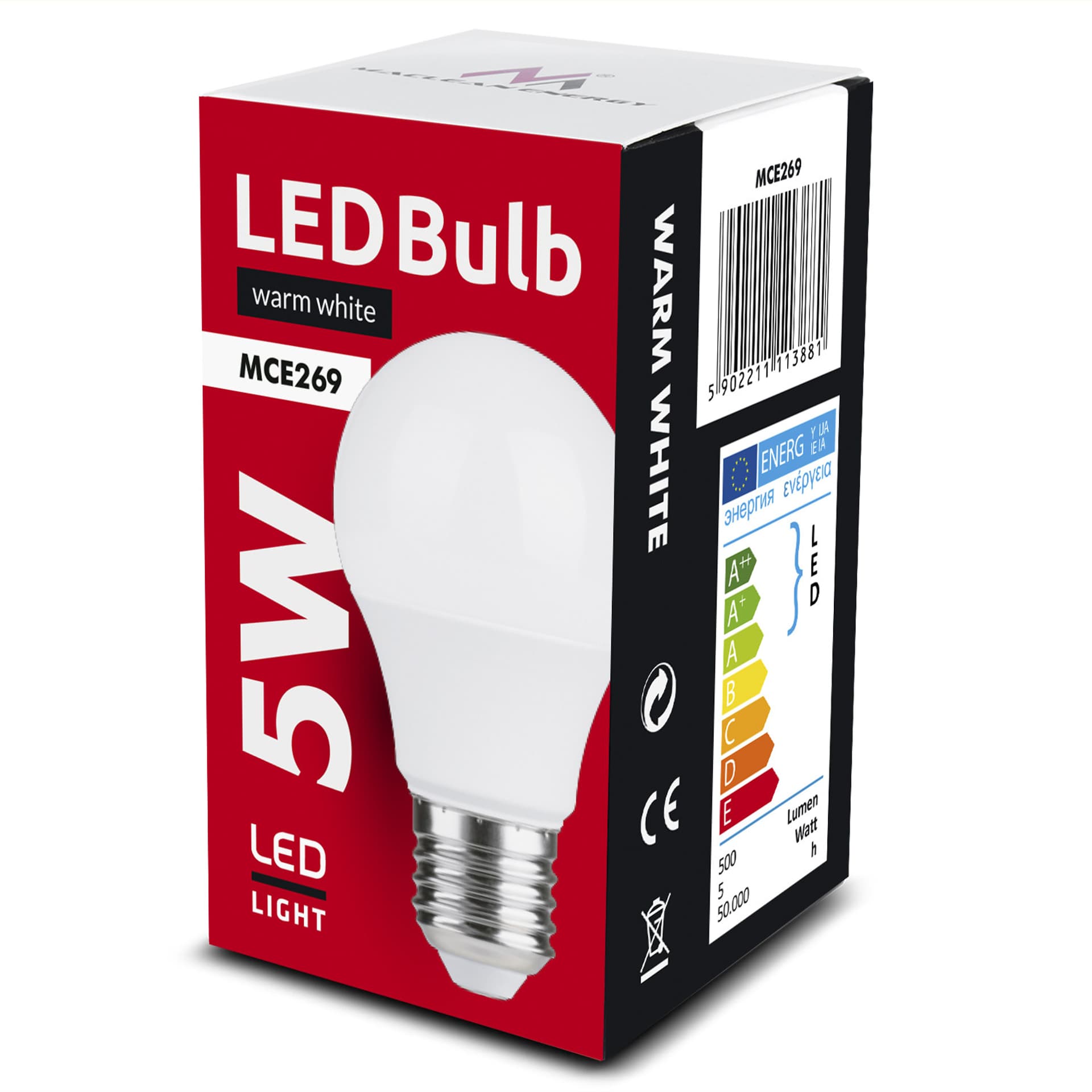 

Żarówka Maclean, LED E27, 5W, 230V, WW ciepła biała, 3000K, 500lm, MCE269
