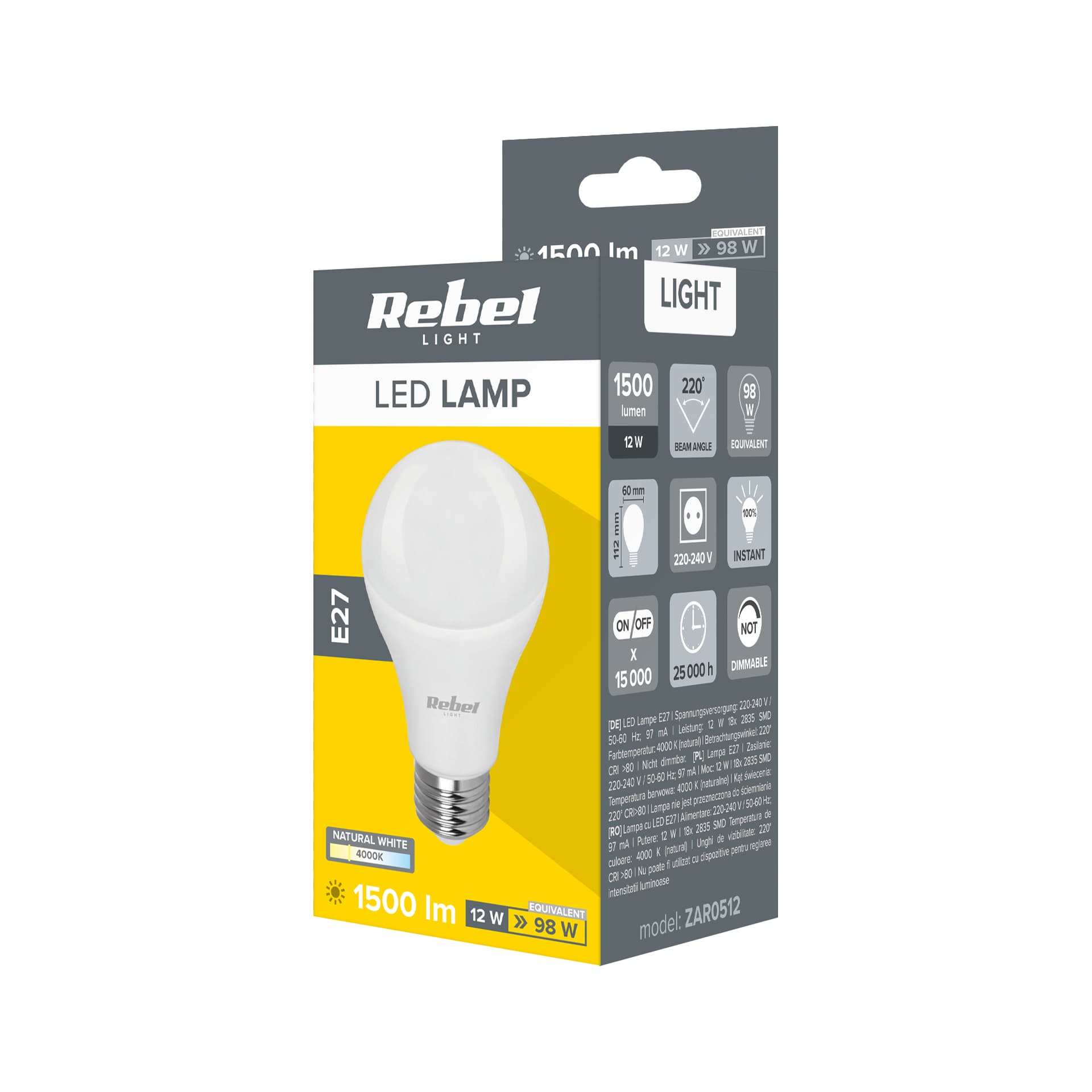 

Lampa LED Rebel A60 12W, E27, 4000K, 230V