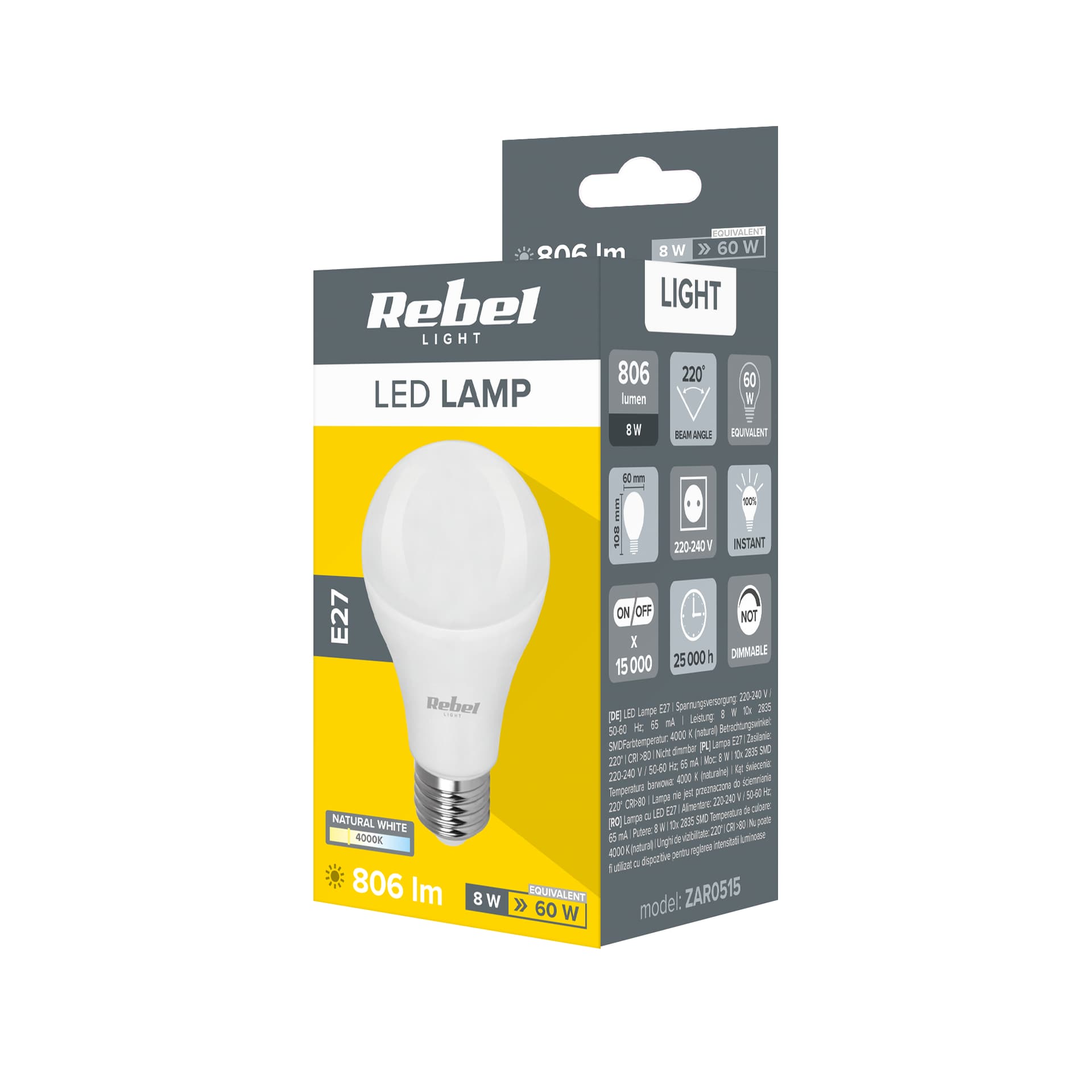 

Lampa LED Rebel A60 8W , E27. 4000K, 230V