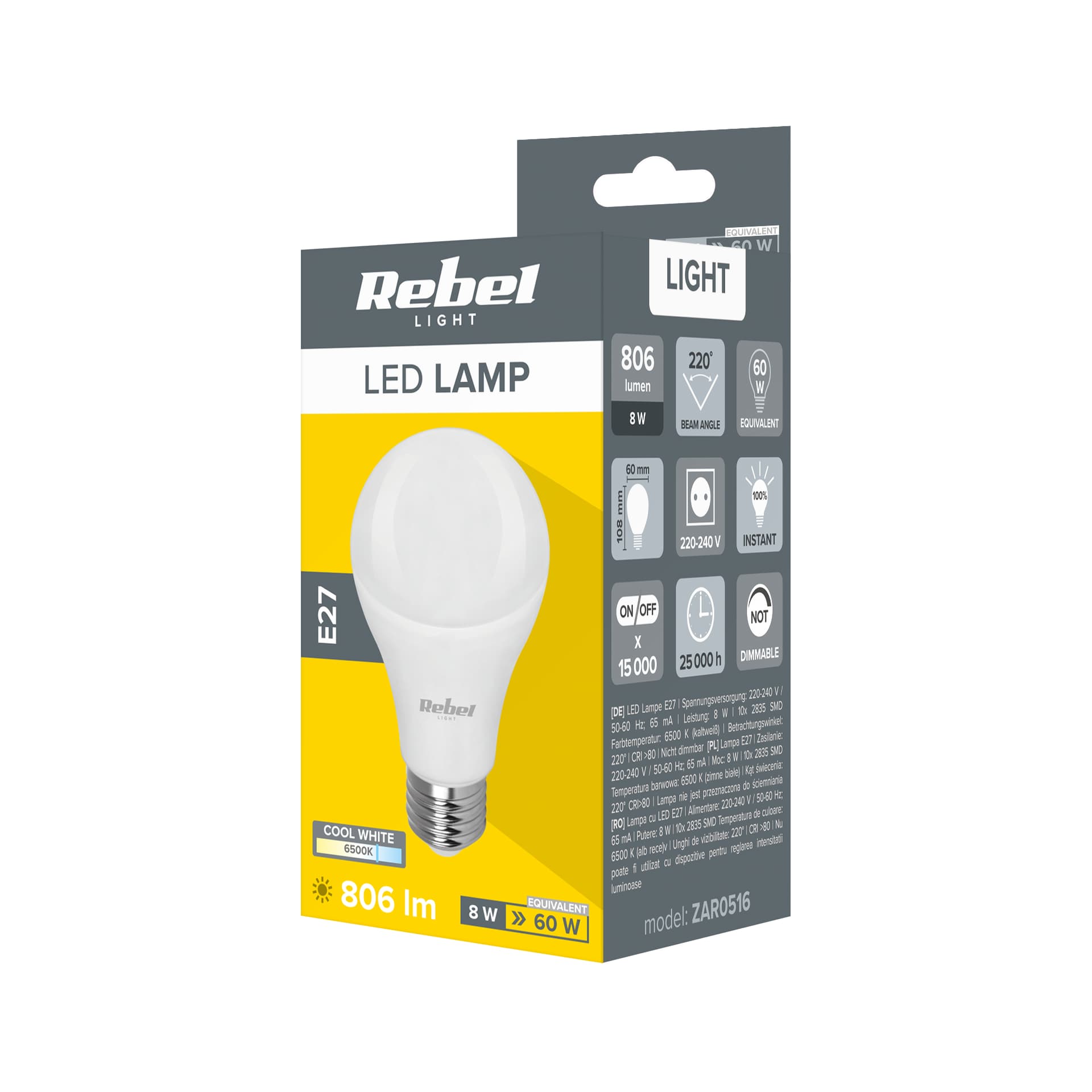 

Lampa LED Rebel A60 8W, E27, 6500K, 230V