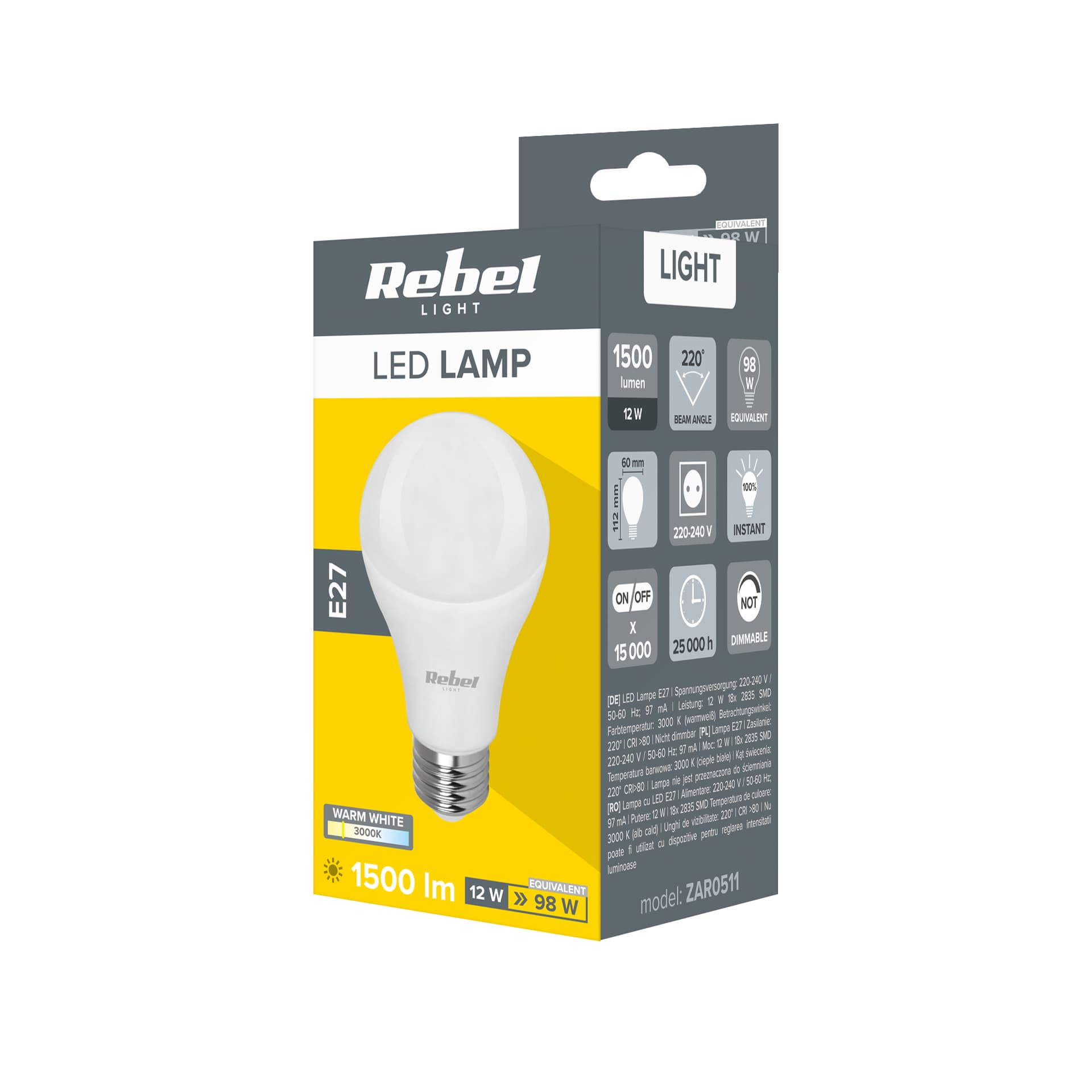 

Lampa LED Rebel A60 12W, E27, 3000K, 230V