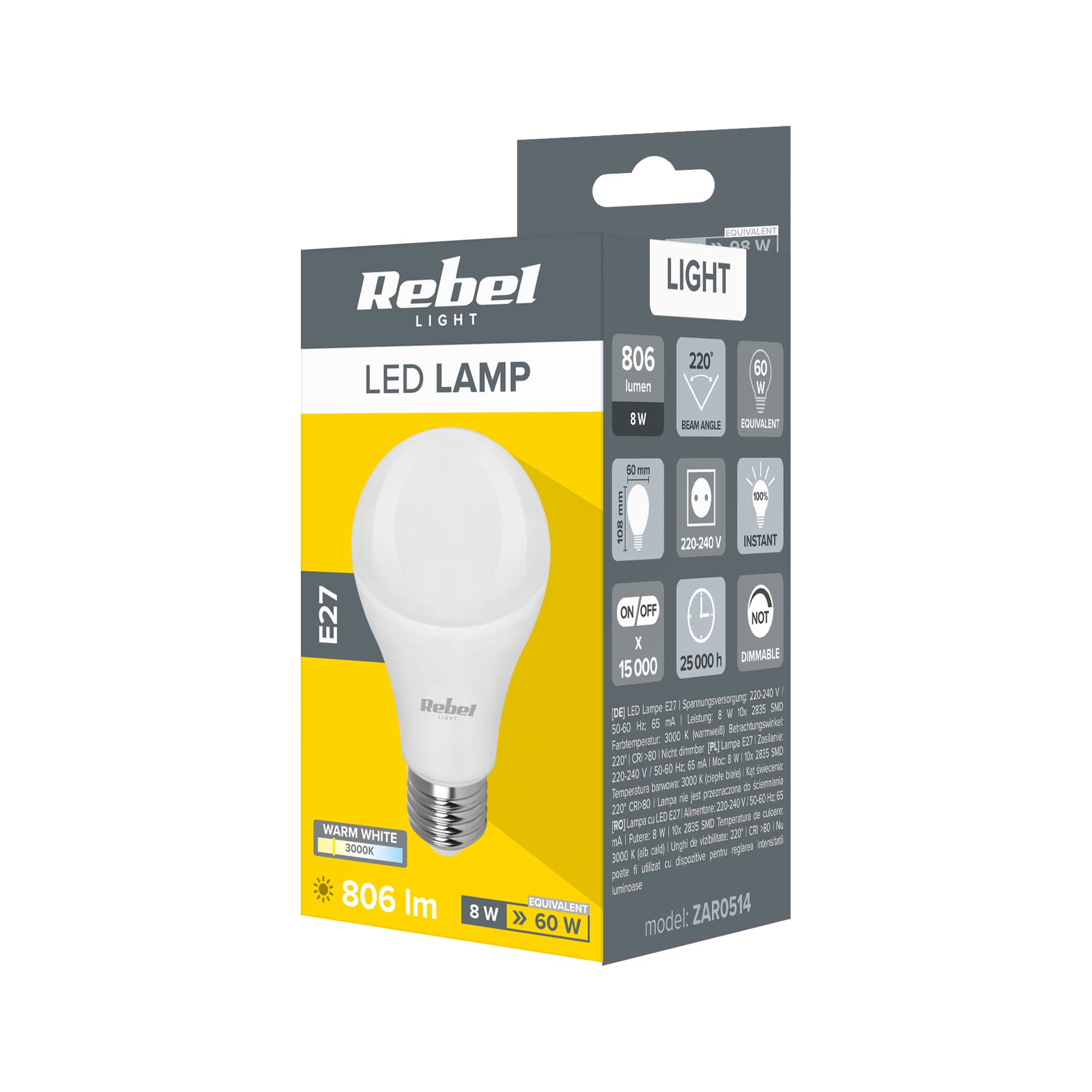 

Lampa LED Rebel A60 8W, E27, 3000K, 230V