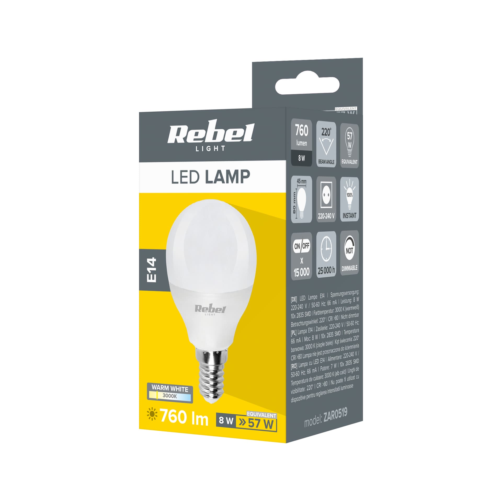 

Lampa LED Rebel G45 8W, E14 3000K, 230V