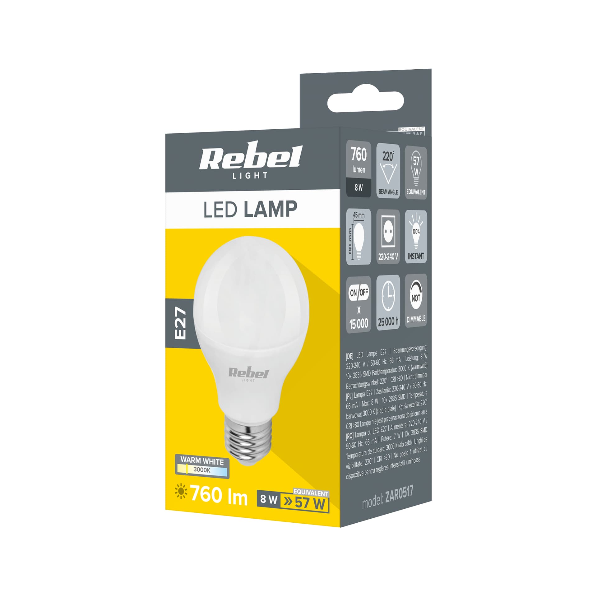 

Lampa LED Rebel G45, 8W, E27, 3000K, 230V